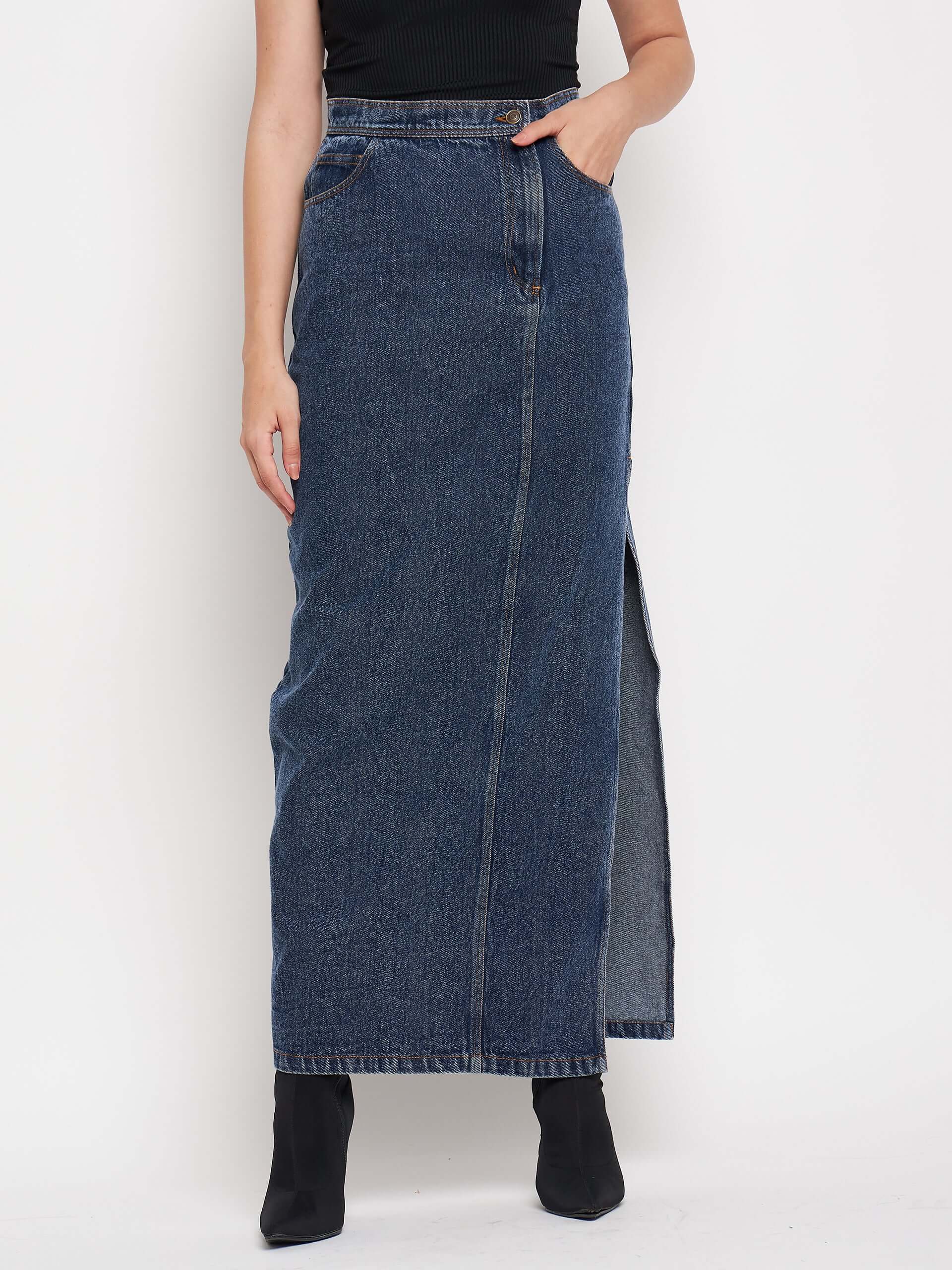 Denim Slit Slay in High Waist Long Split Denim Skirts.