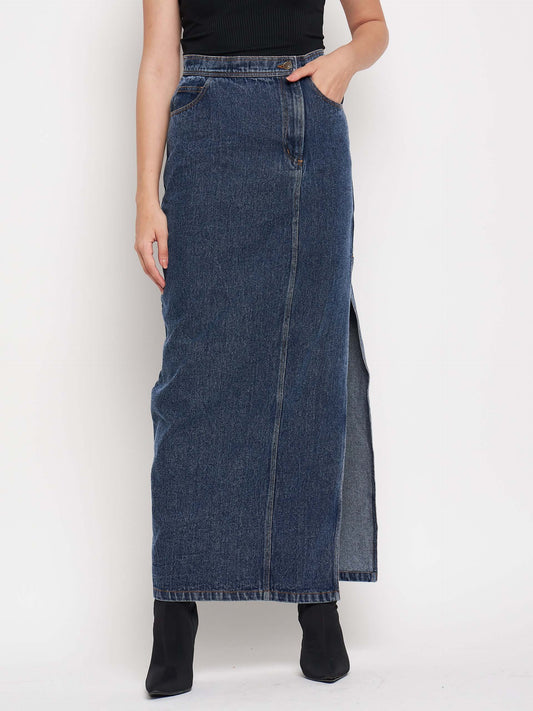 Denim Slit Slay in High Waist Long Split Denim Skirts.