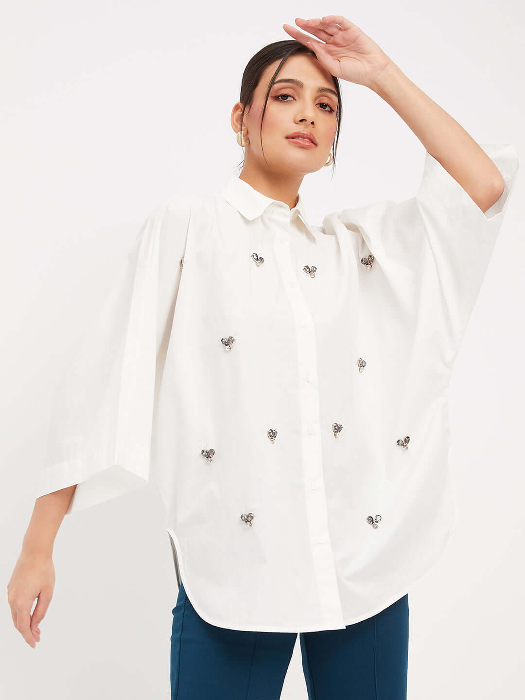 WHITE COTTON EMBELLISHED STUD SHIRT