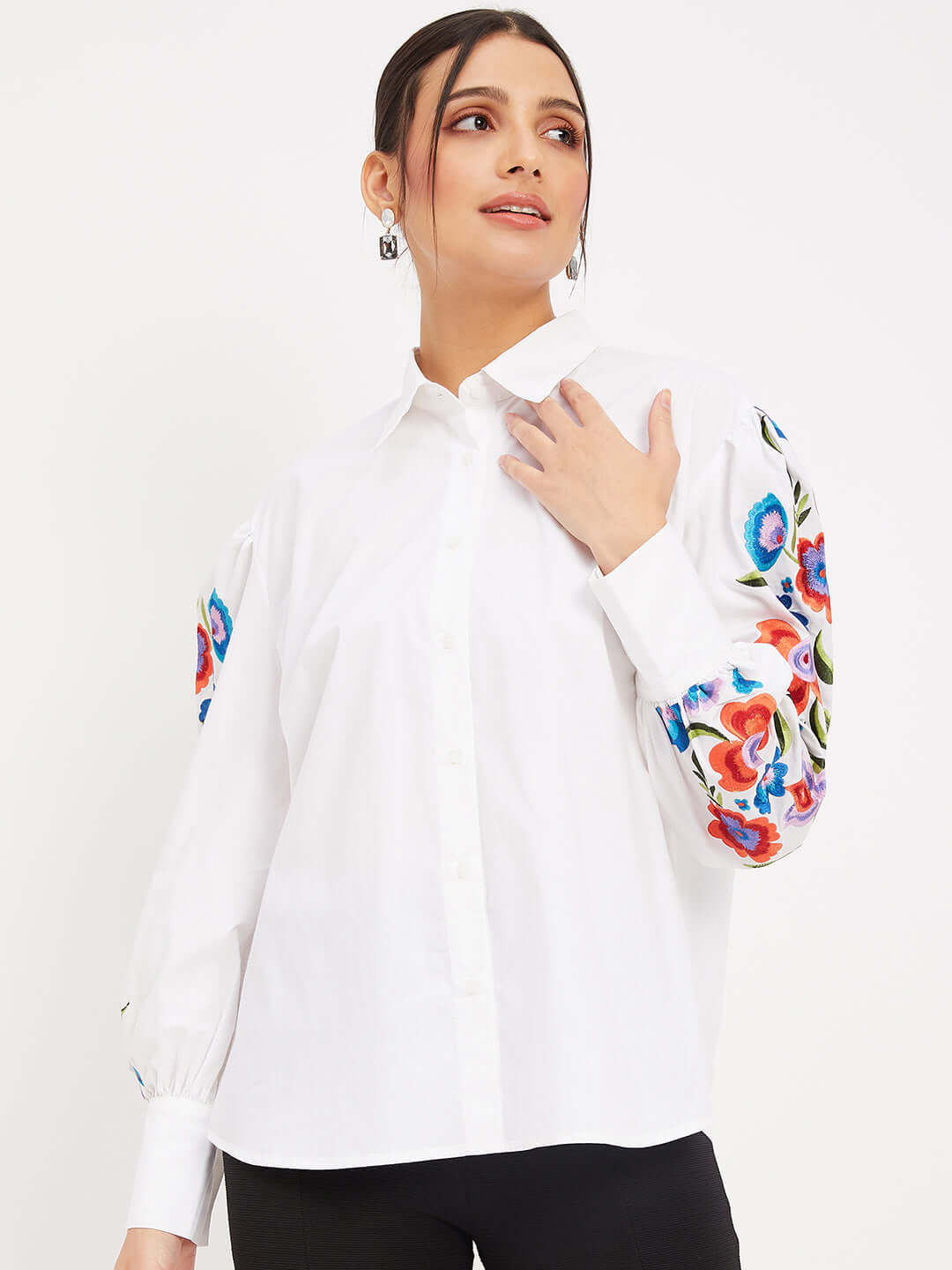 WHITE COTTON SHIRT WITH MULTI COLOURED FLORAL EMBROIDERY