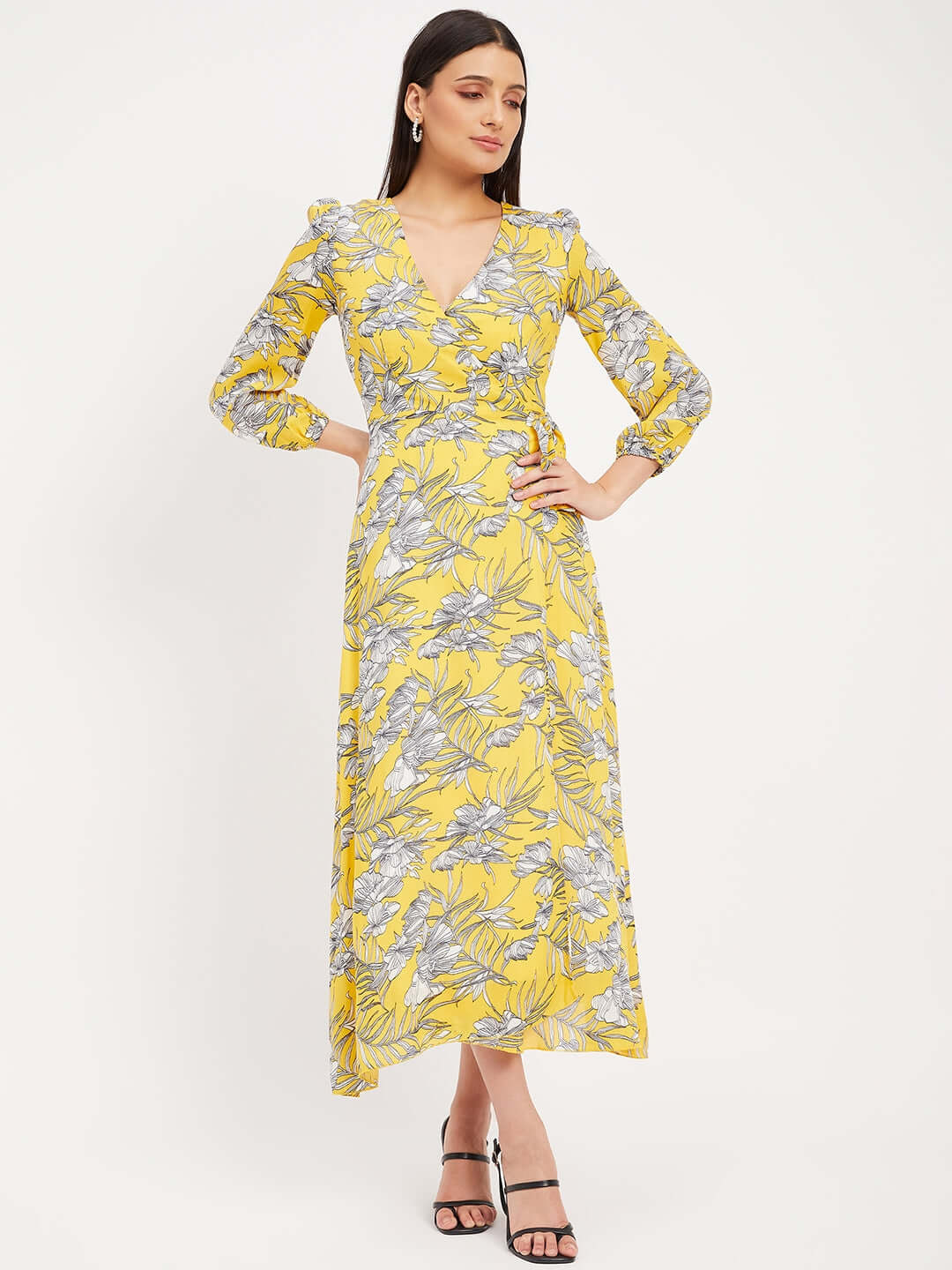 YELLOW PRINTED WRAP DRESS