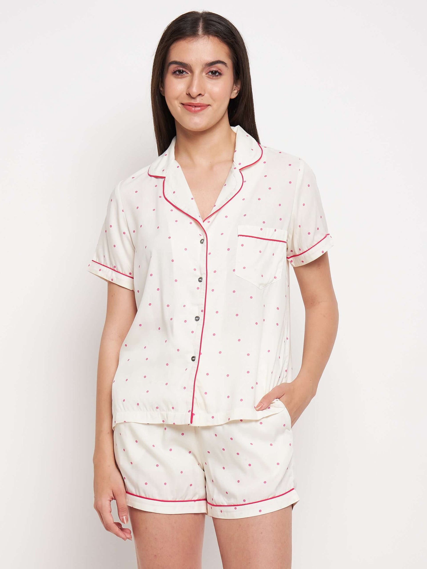 Women Polka Dots Print Night Suit Shirt & Shorts - Antimony