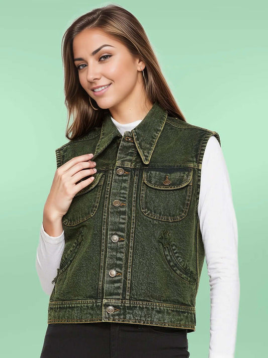 DENIM SLEEVELESS GREEN JACKET WITH FLAP POCKET