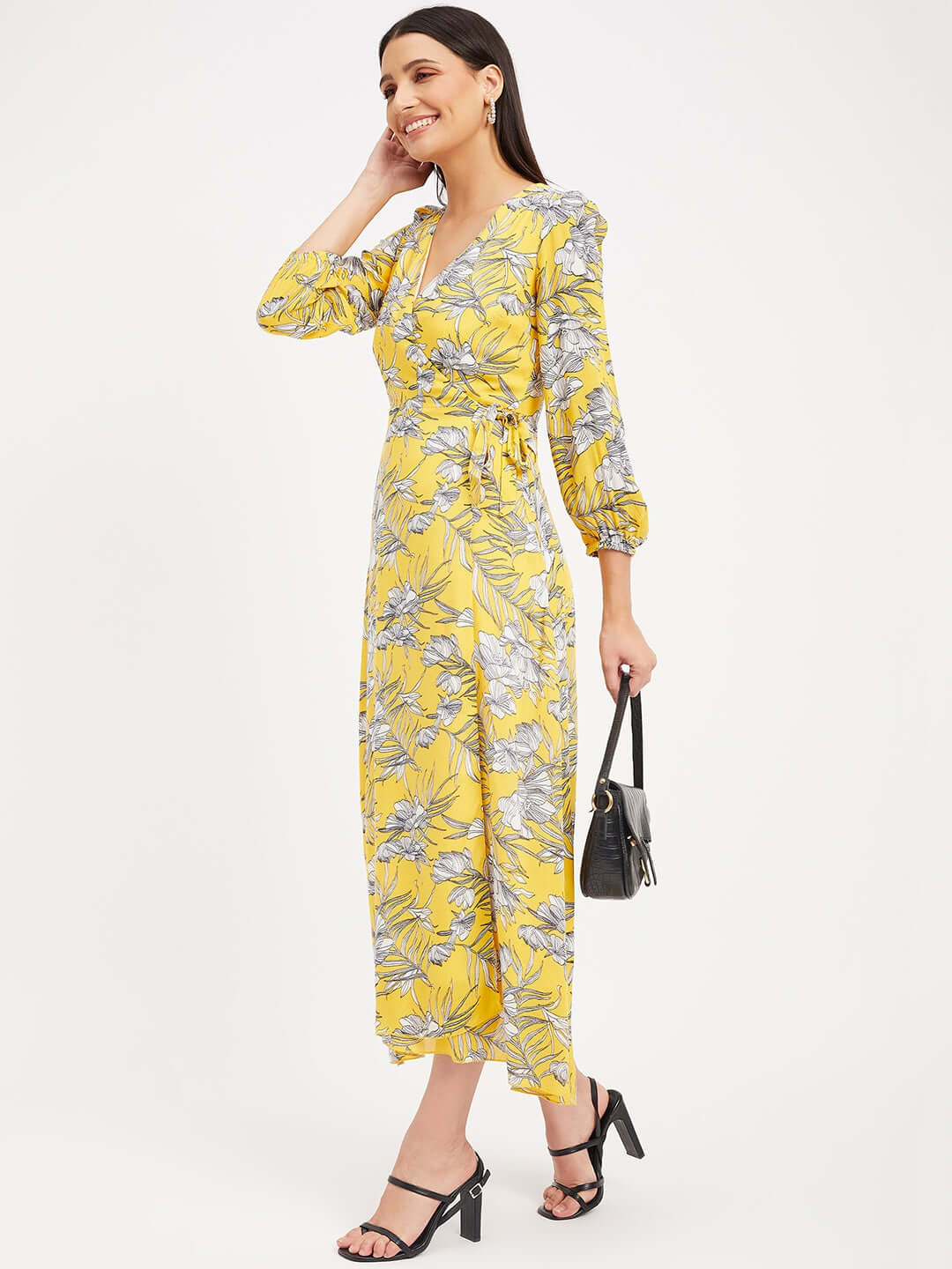 YELLOW PRINTED WRAP DRESS