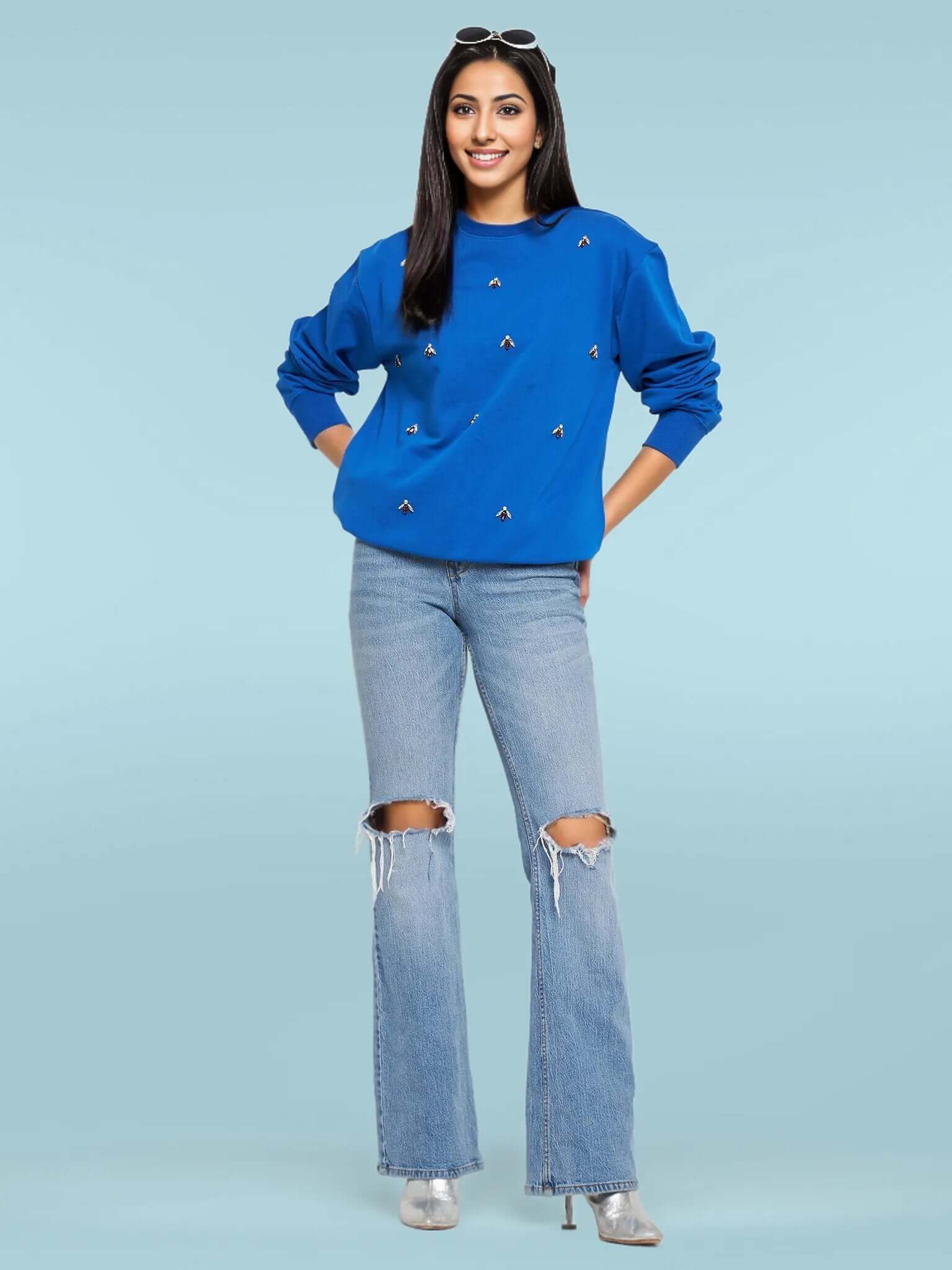 Women's Round Neck Embellished Sweatshirt - Antimony