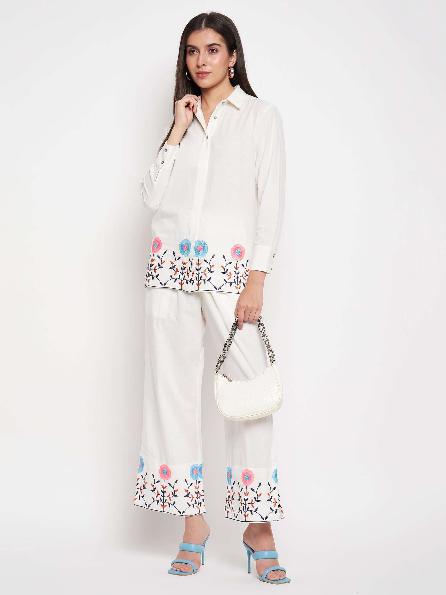 White Thread Embroidered Co-Ord set - Antimony