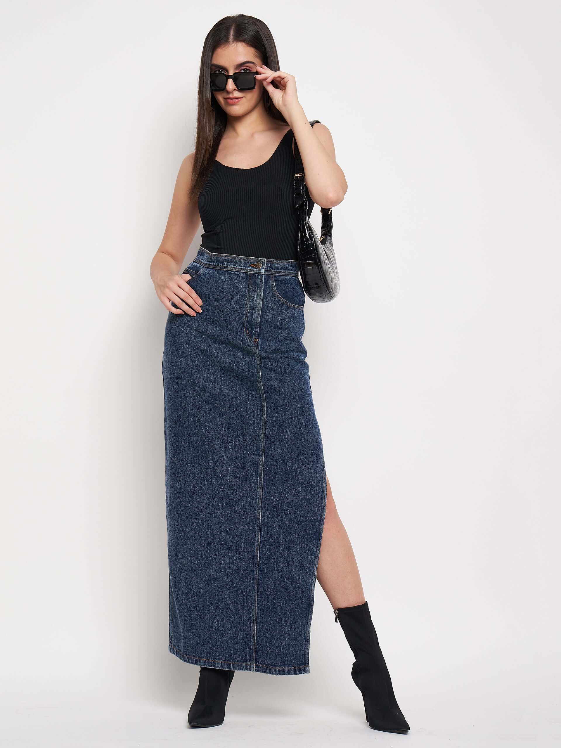 Denim Slit Slay in High Waist Long Split Denim Skirts.
