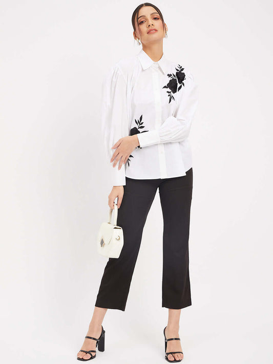 White Cotton Shirt With Black Thread Rich Embroidered Collared Shirt
