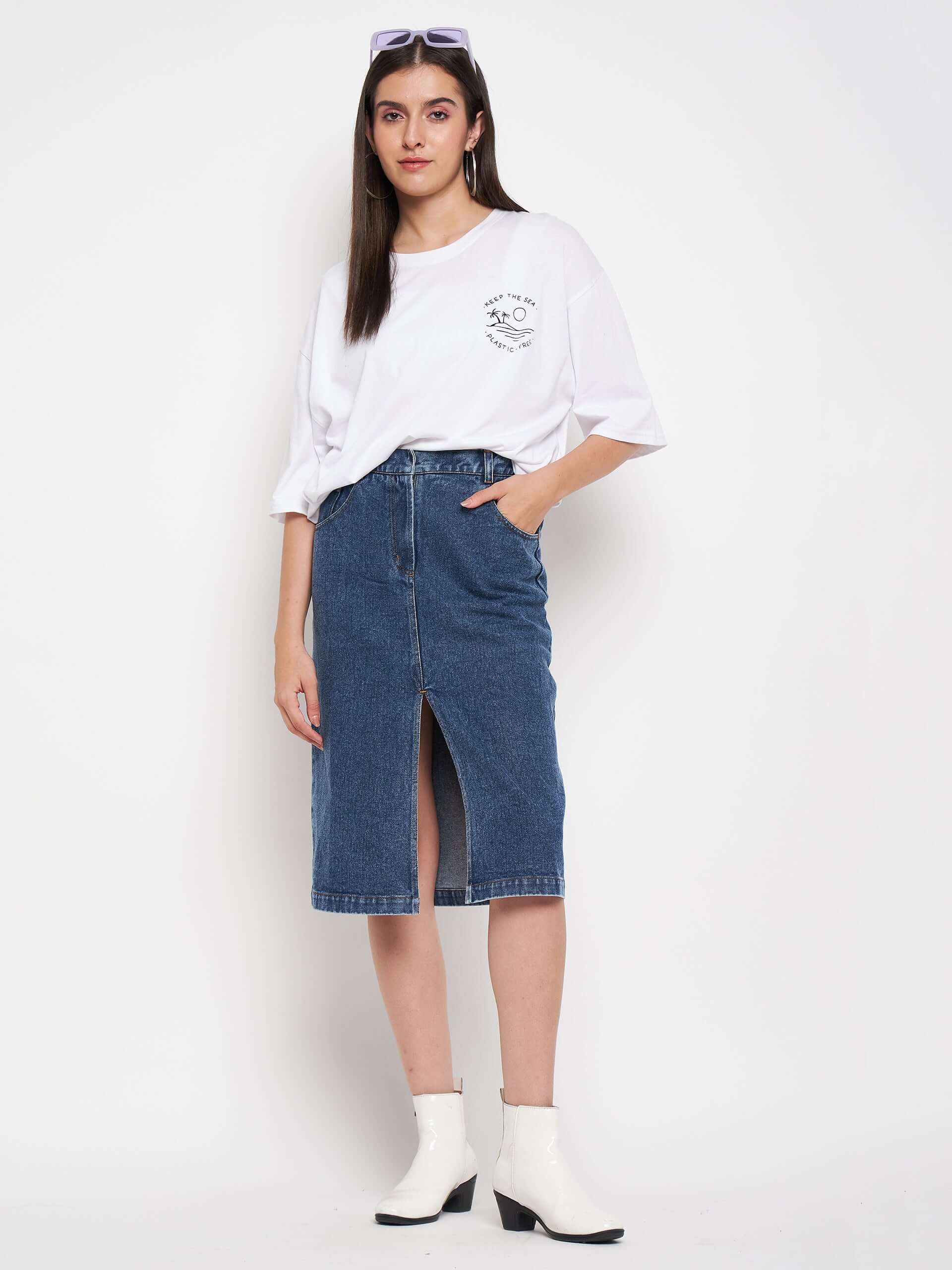 Denim Midi Skirt Front Slit - Antimony