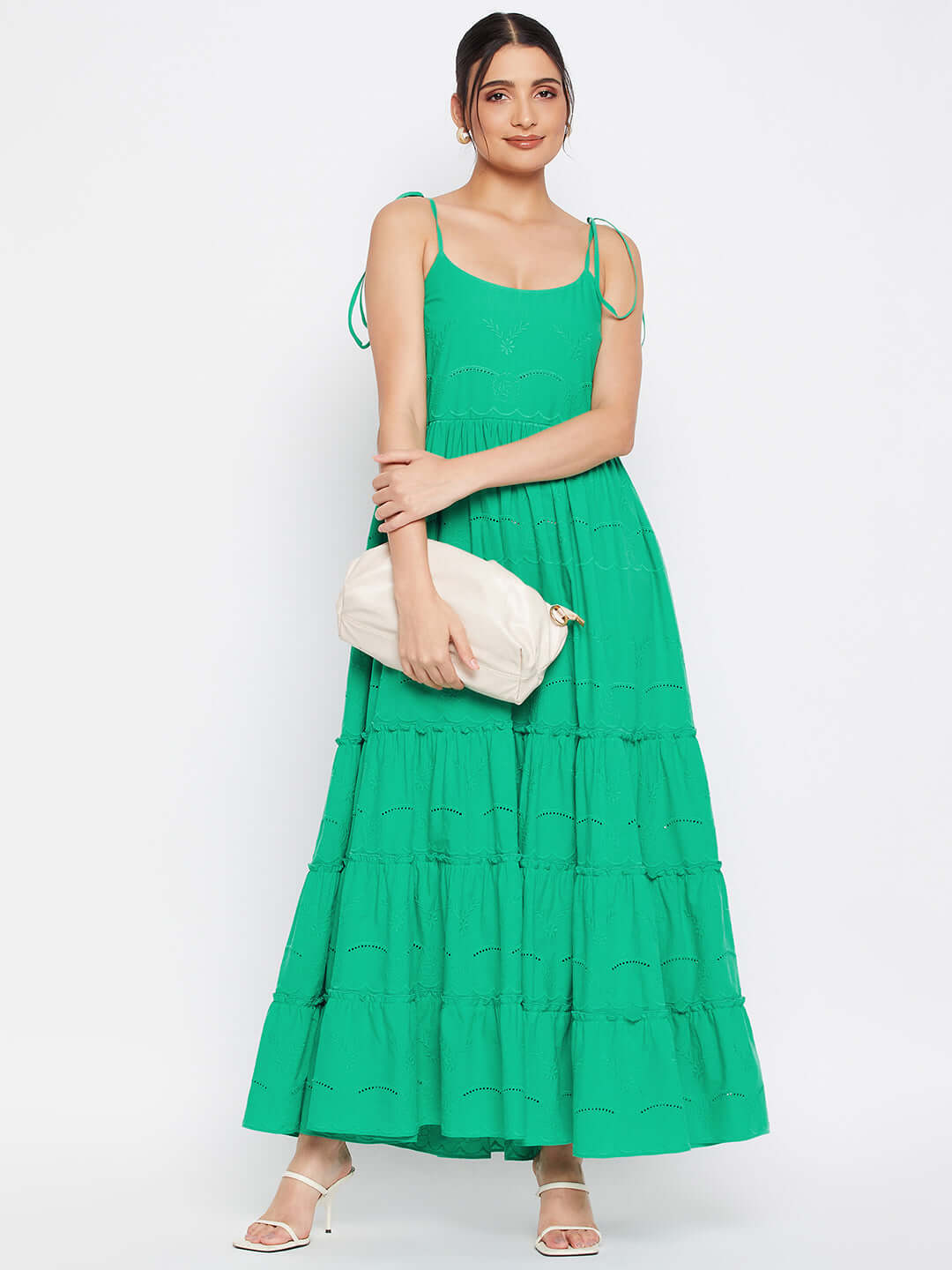 Long Green Ruffled Tiered Strappy Dress - Antimony