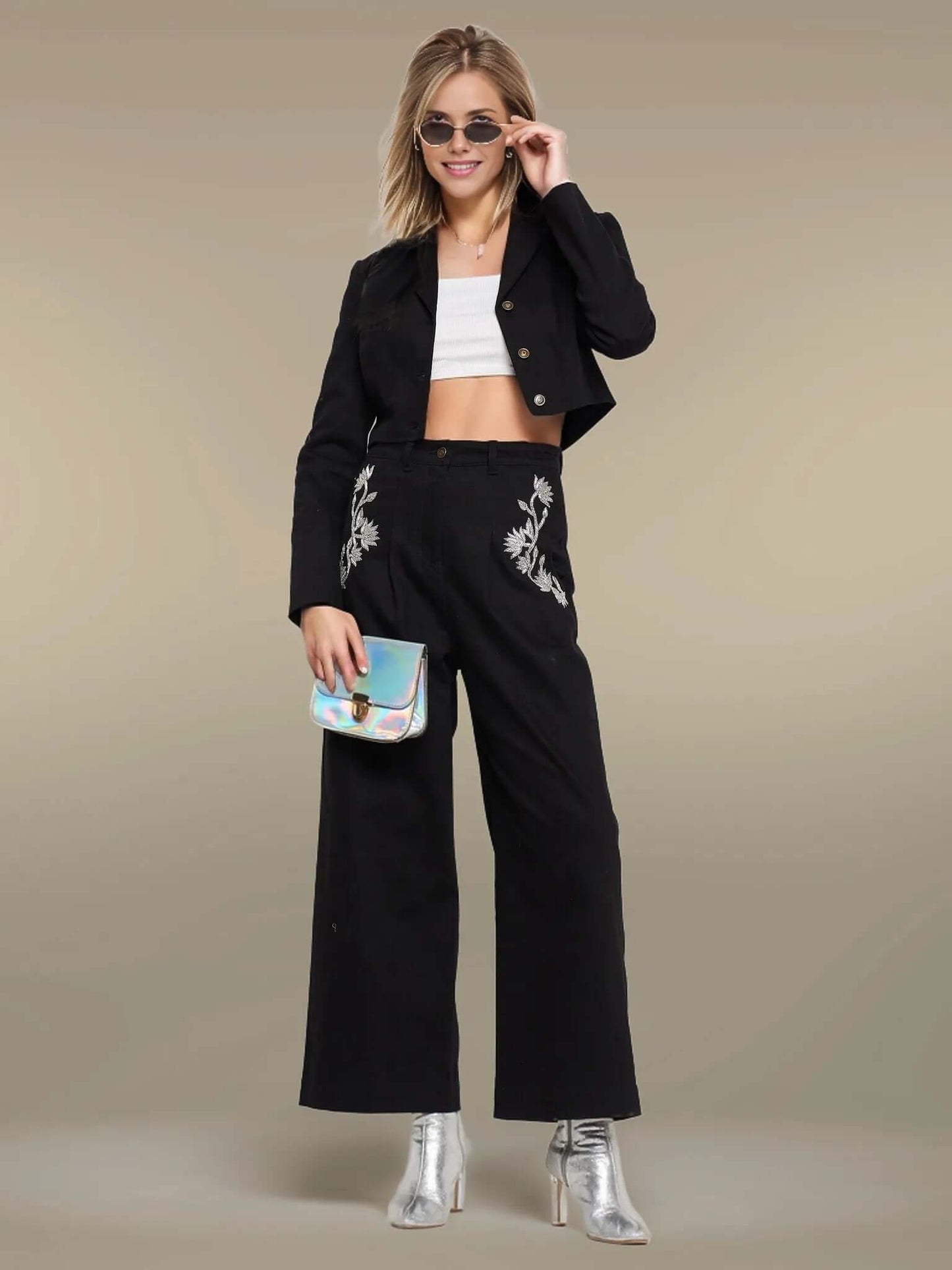 black embroidered crop top from Denim Pichwai Co-ord Set.