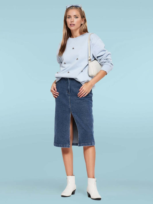 Women's Round Neck Embellished Sweatshirt - Antimony