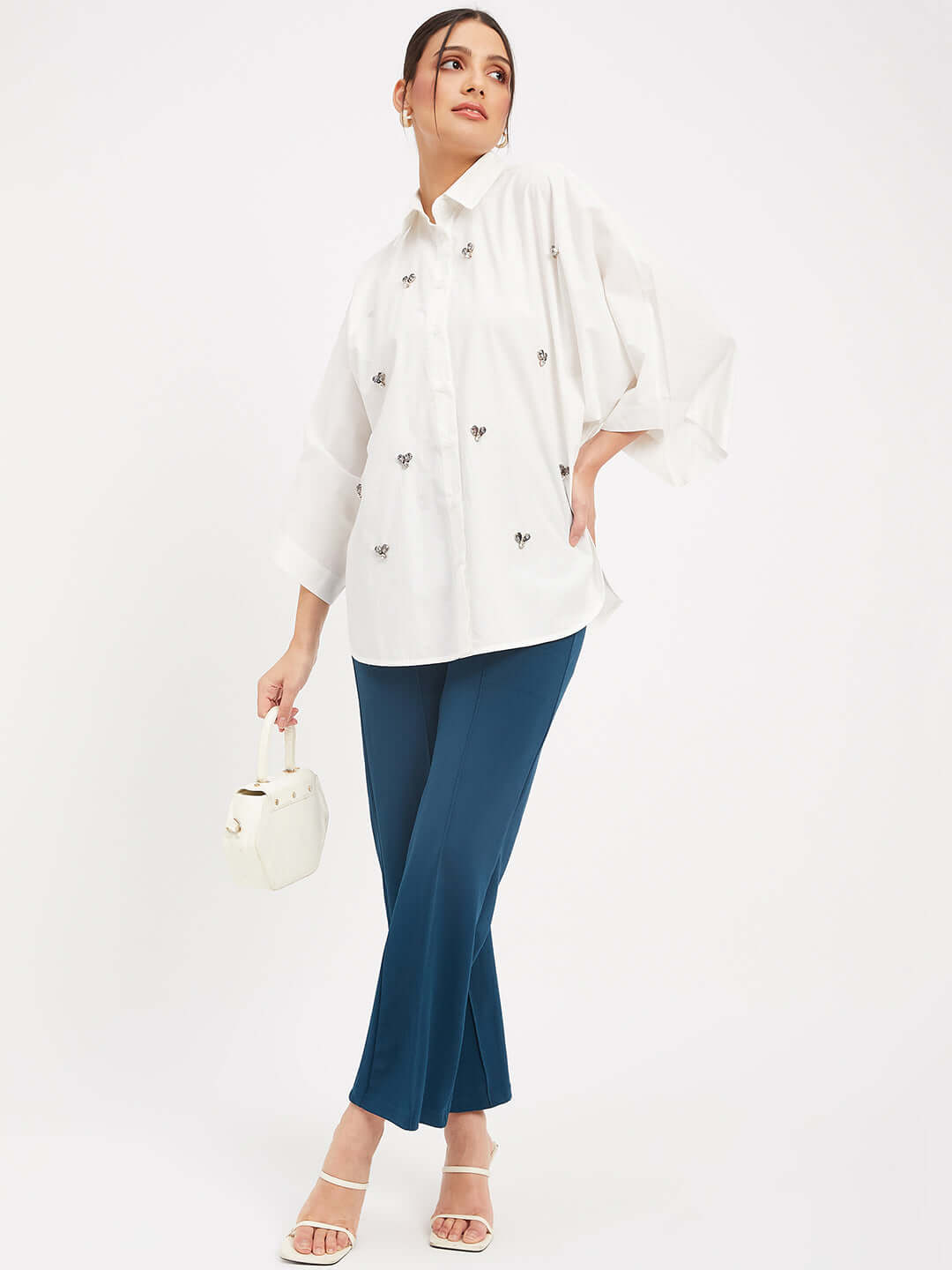 WHITE COTTON EMBELLISHED STUD SHIRT