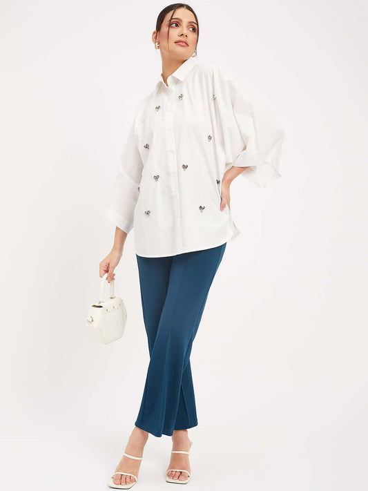 WHITE COTTON EMBELLISHED STUD SHIRT