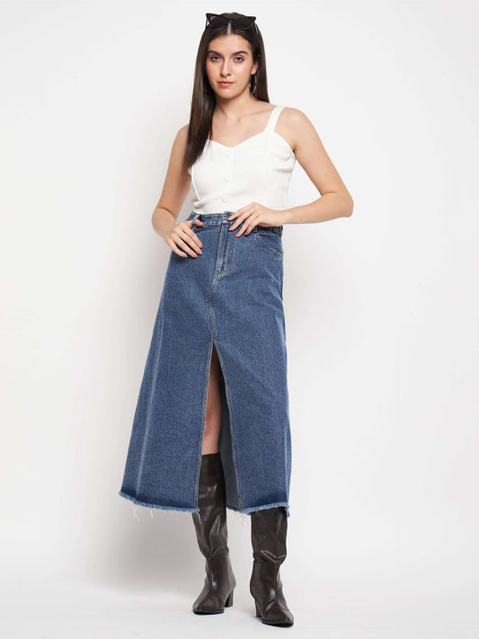Denim Washed High Waist Split Skirt. - Antimony