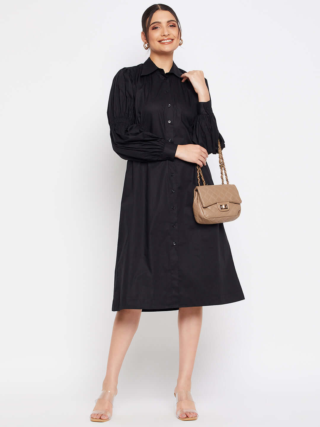 Women Black Cotton Shirt Dress - Antimony