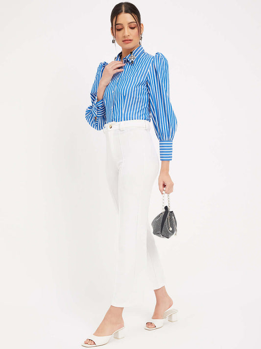 Blue and White Cotton Stripes Shirt for Women - ANTIMONY
