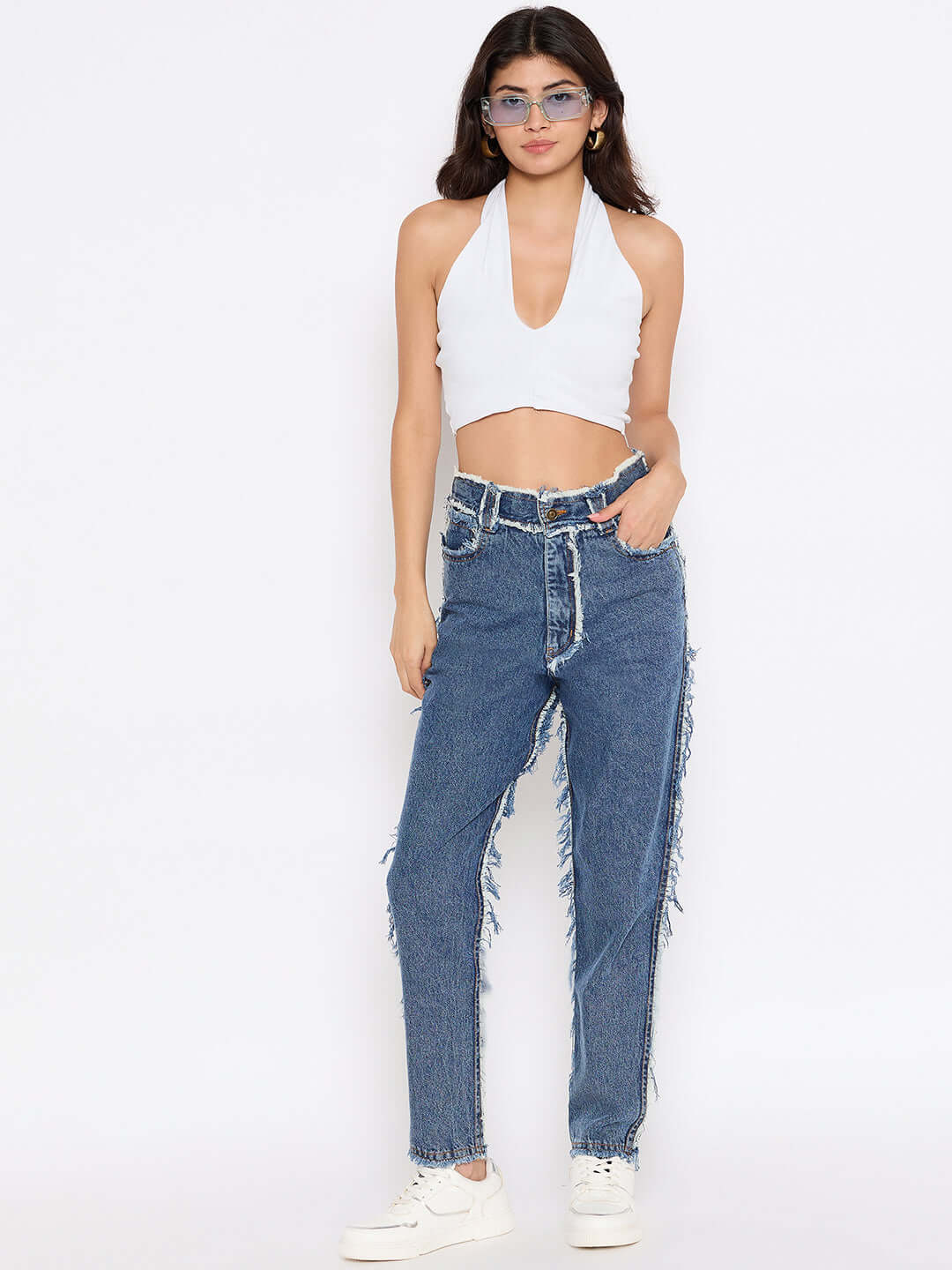 Full Length Jeans with Frayed Trims