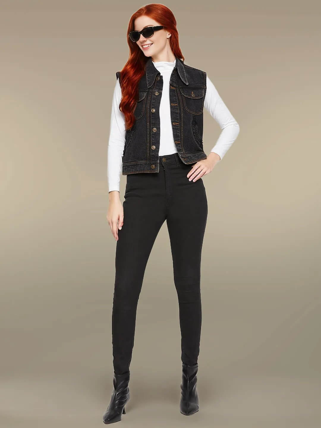 DENIM SLEEVELESS BLACK JACKET WITH FLAP POCKET - Antimony