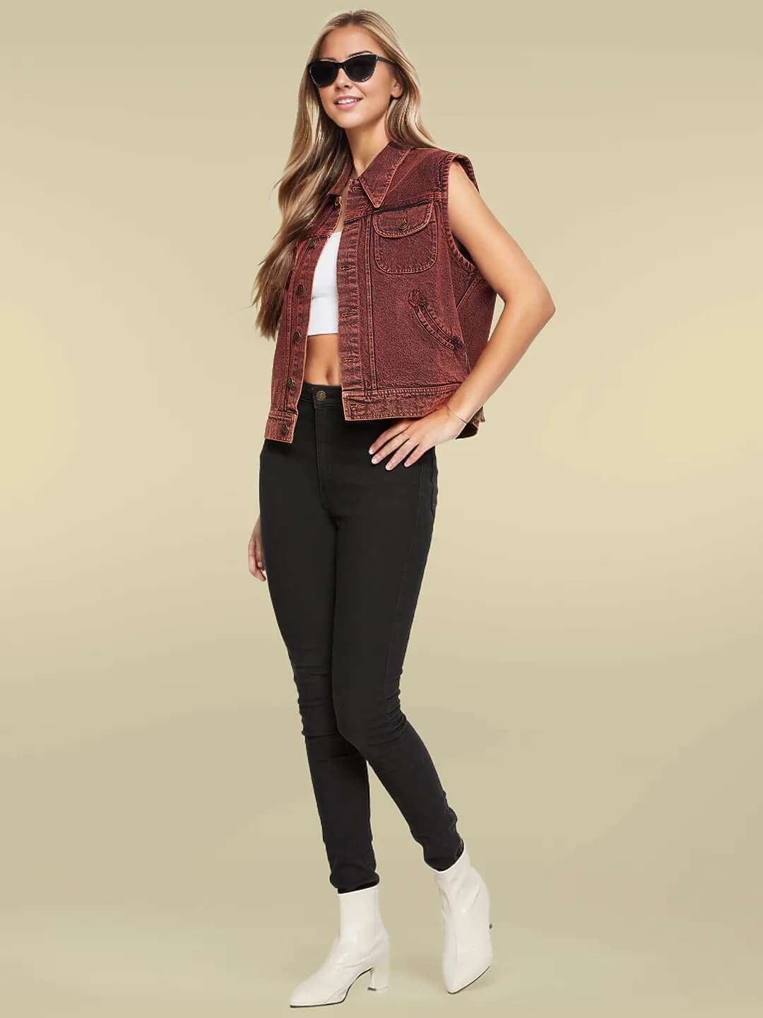 DENIM SLEEVELESS BROWN JACKET WITH FLAP POCKET - Antimony