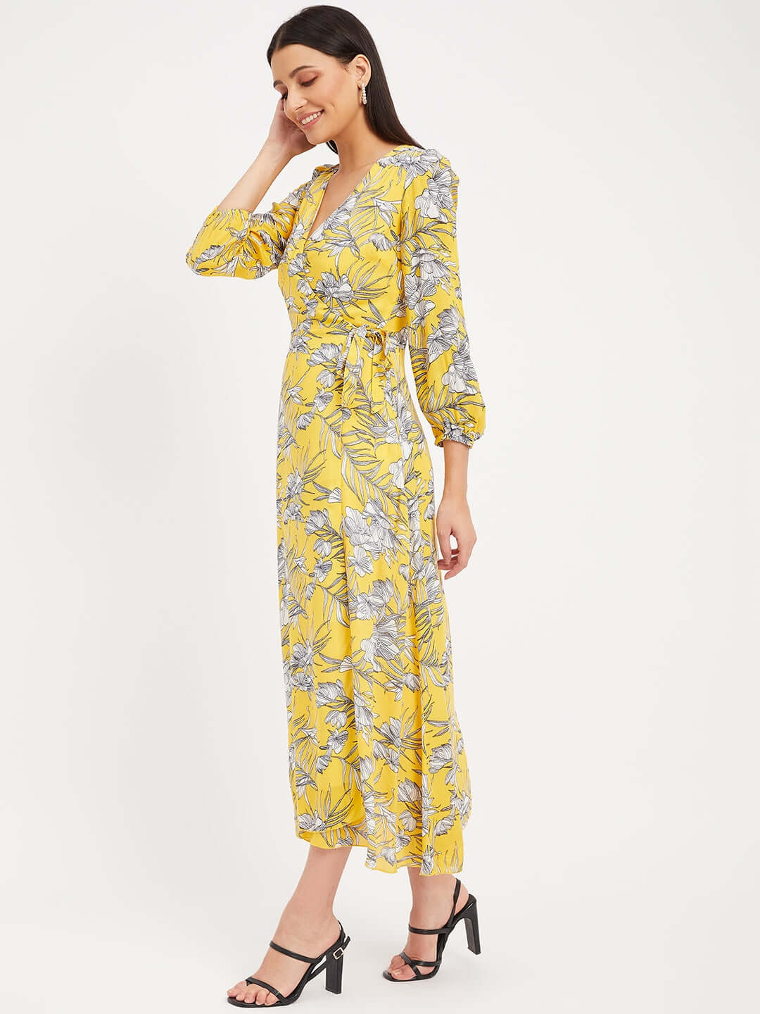 YELLOW PRINTED WRAP DRESS