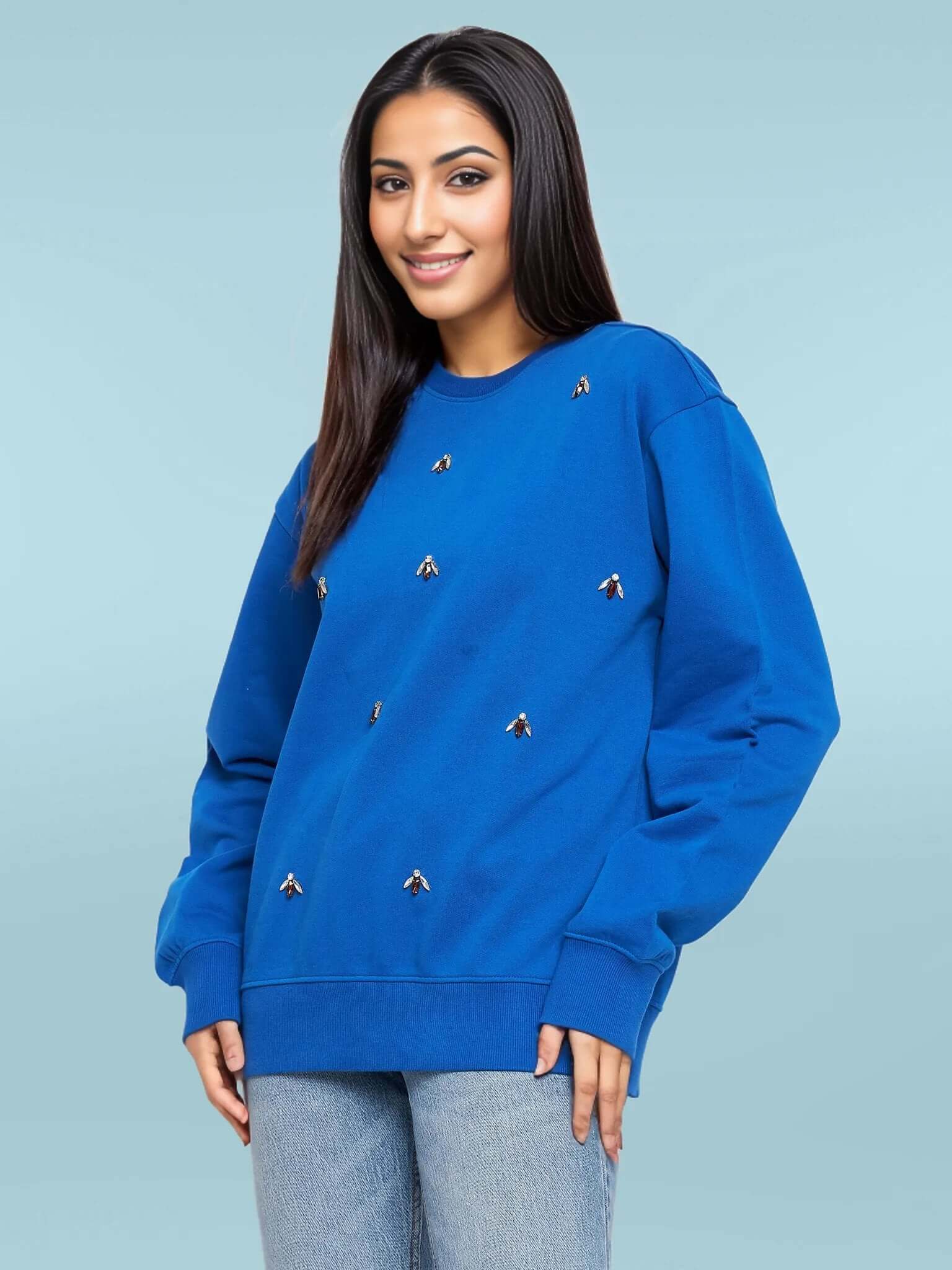 Women's Round Neck Embellished Sweatshirt - Antimony