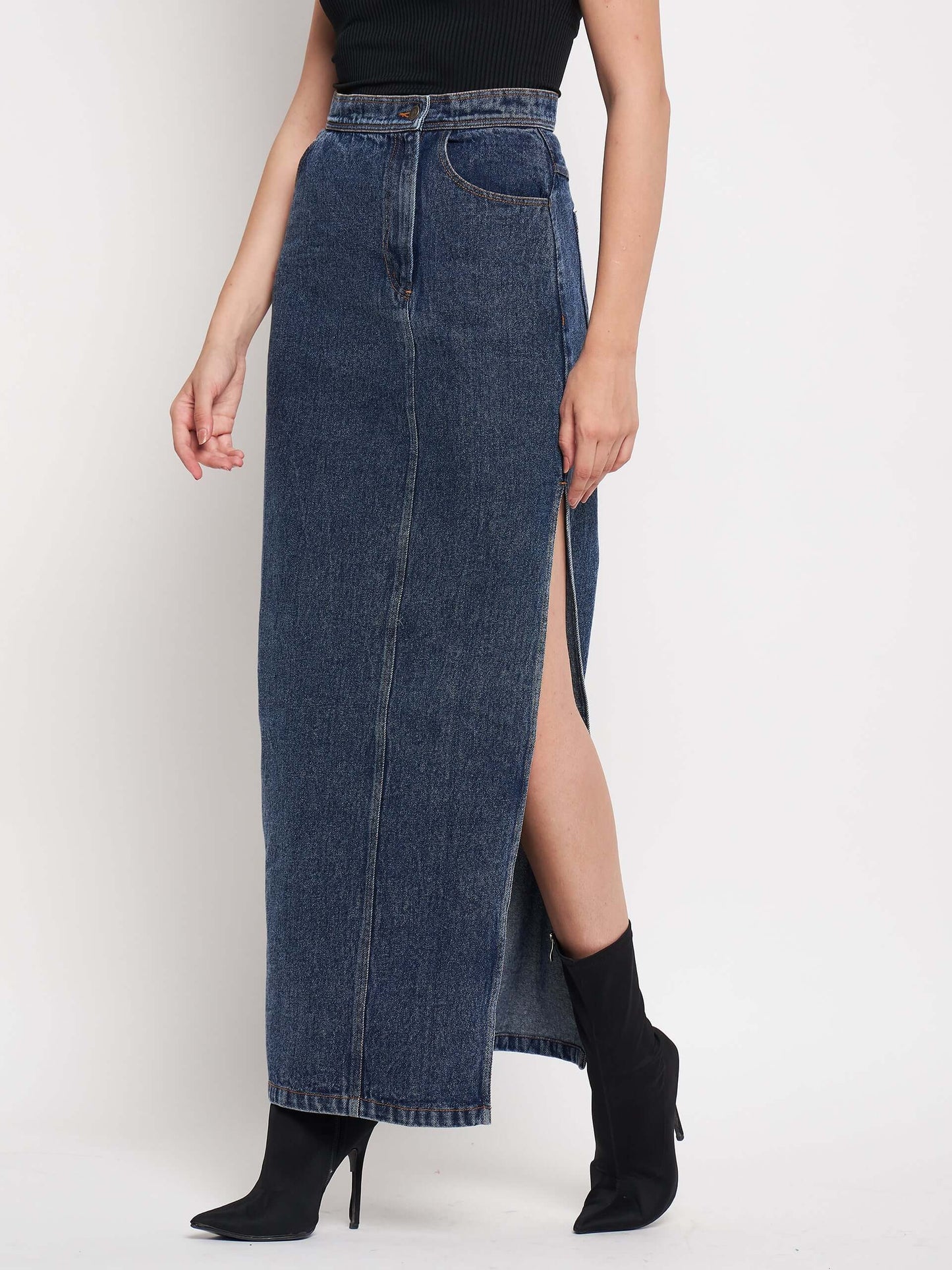 Denim Slit Slay in High Waist Long Split Denim Skirts.