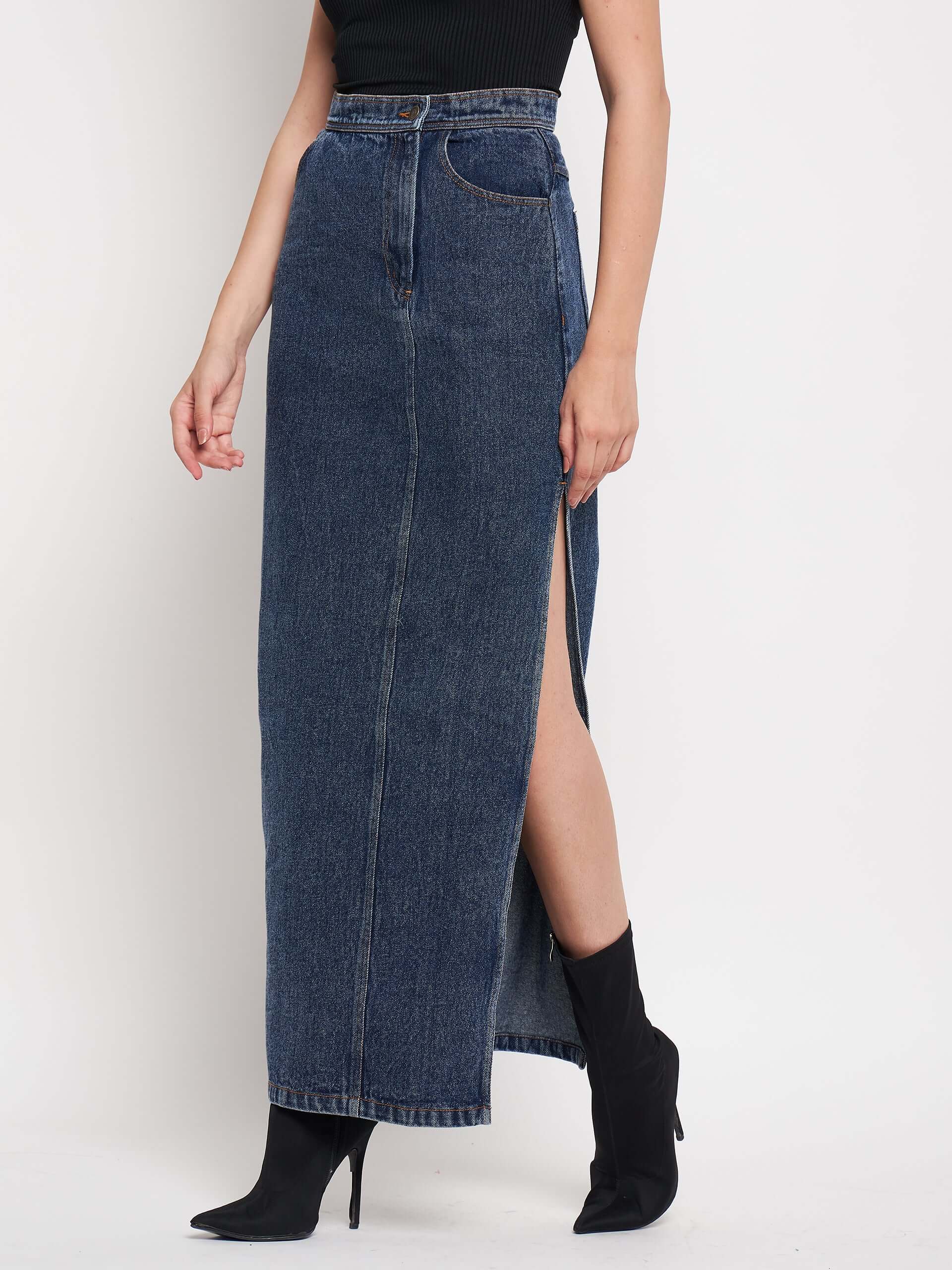 Denim Slit Slay in High Waist Long Split Denim Skirts.