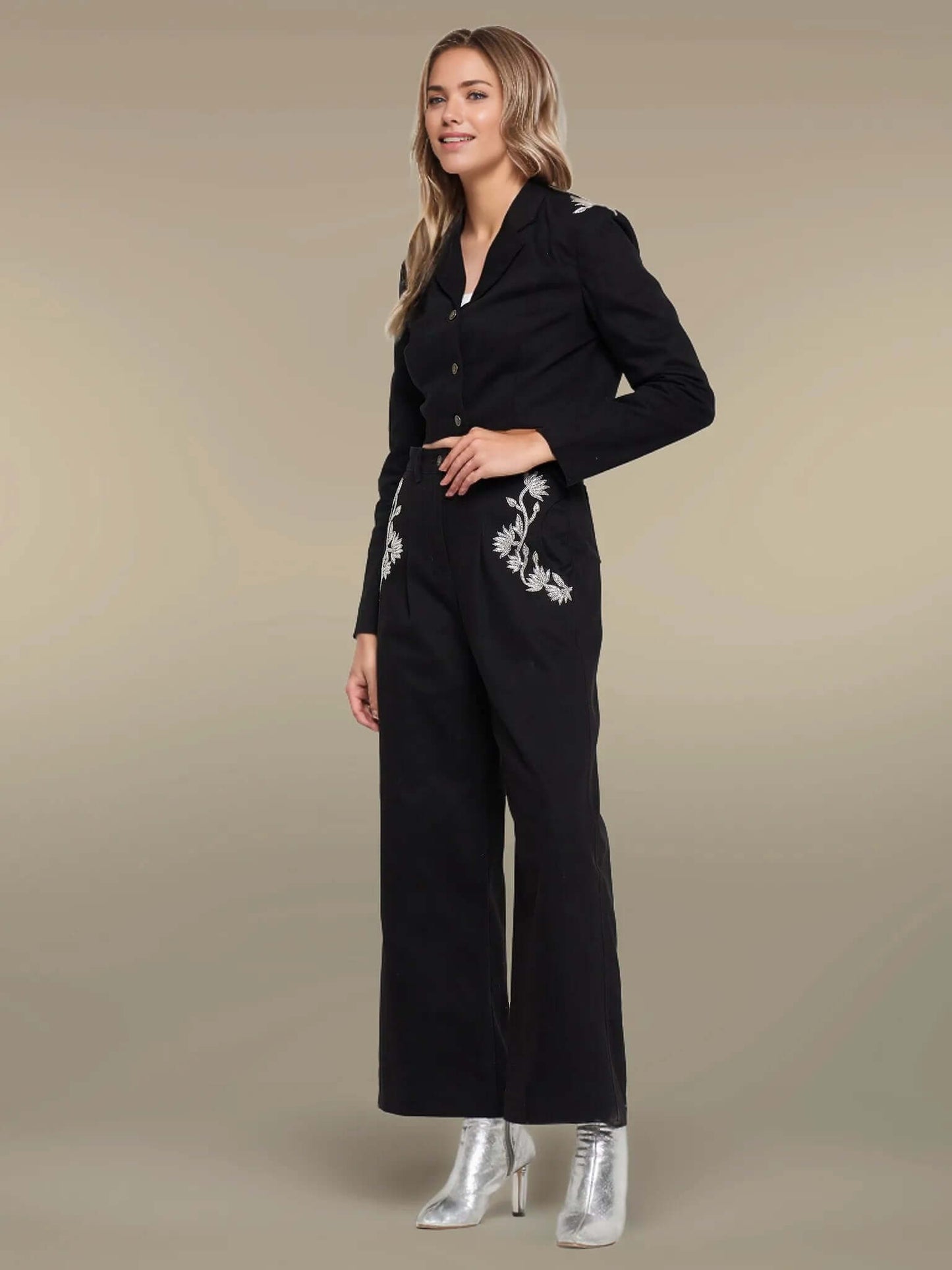 black embroidered crop top from Denim Pichwai Co-ord Set.