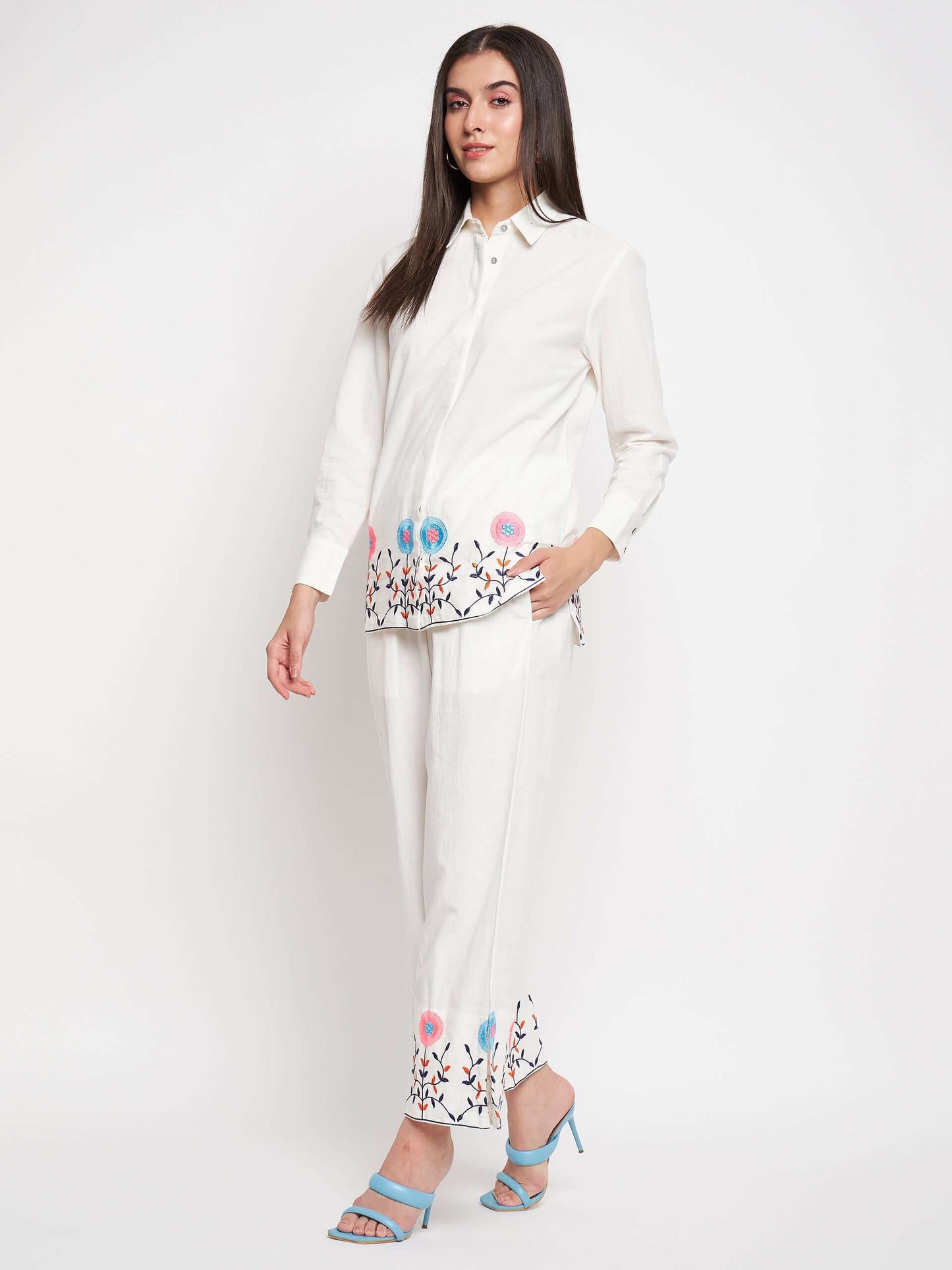 White Thread Embroidered Co-Ord set - Antimony