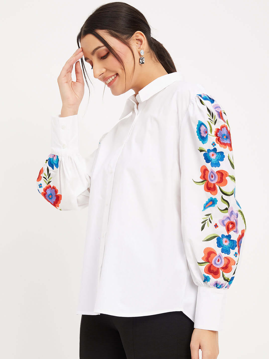 WHITE COTTON SHIRT WITH MULTI COLOURED FLORAL EMBROIDERY