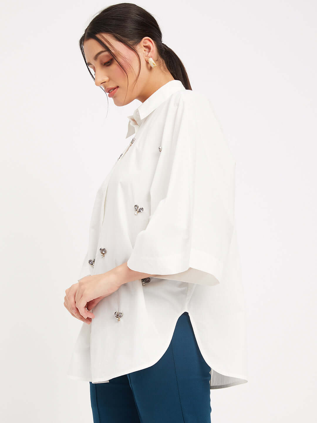 WHITE COTTON EMBELLISHED STUD SHIRT