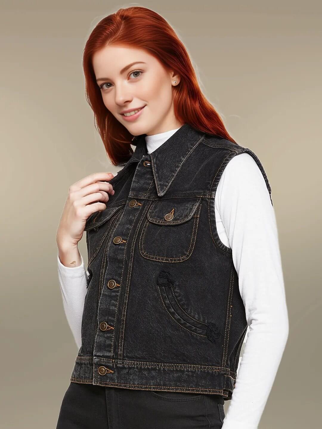 DENIM SLEEVELESS BLACK JACKET WITH FLAP POCKET - Antimony