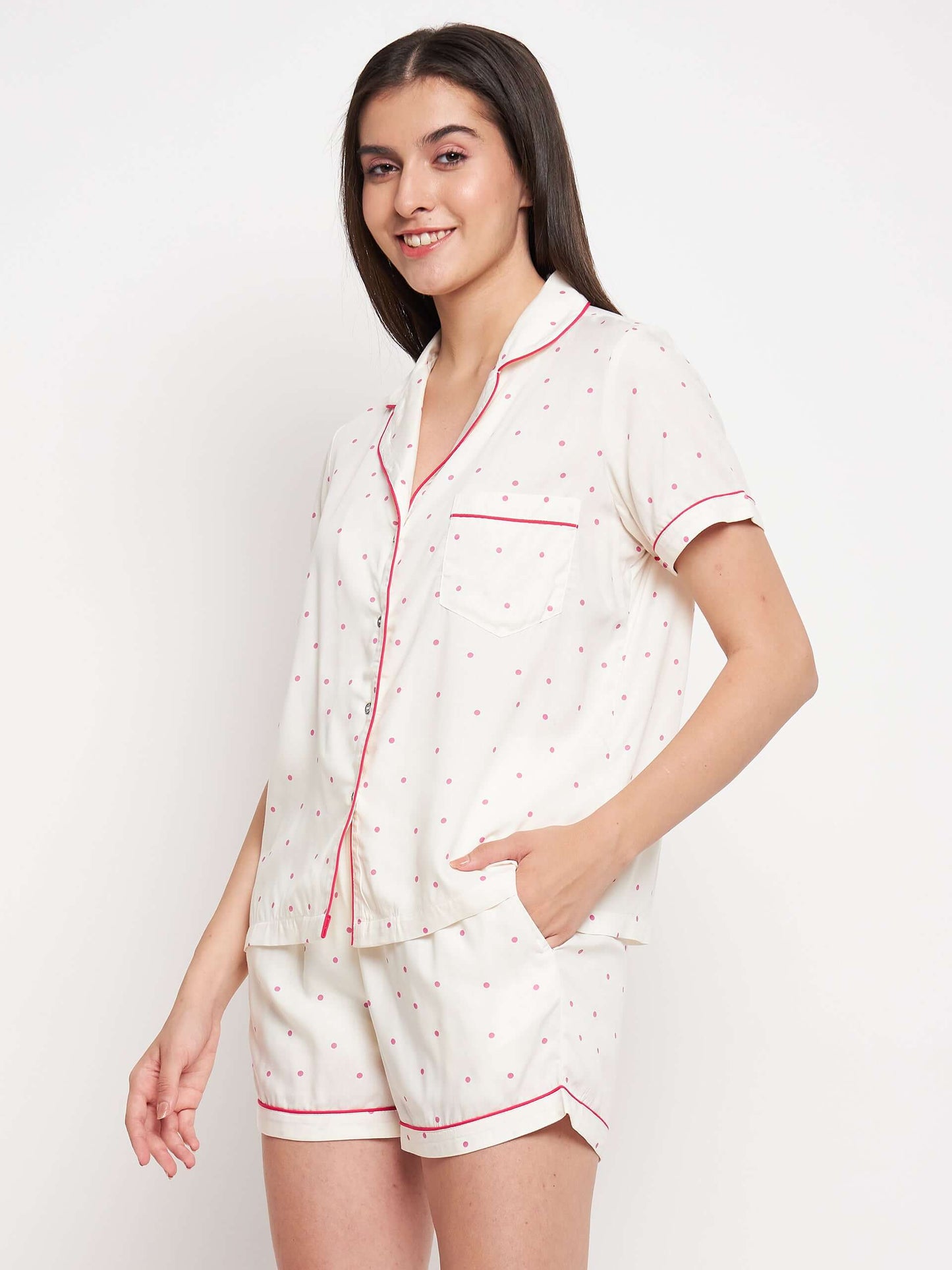 Women Polka Dots Print Night Suit Shirt & Shorts - Antimony