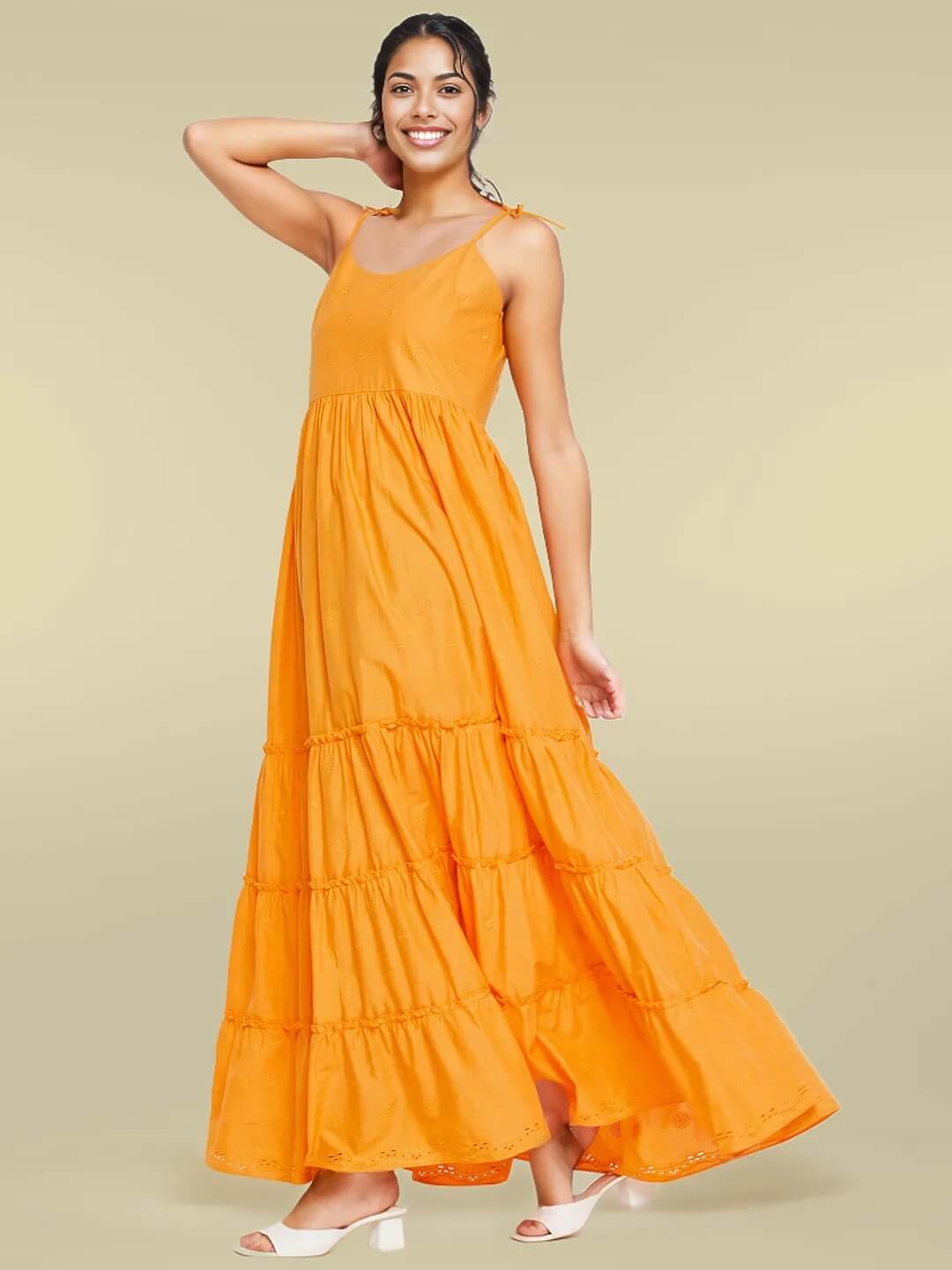 Long Orange Ruffled Tiered Strappy Dress - Antimony