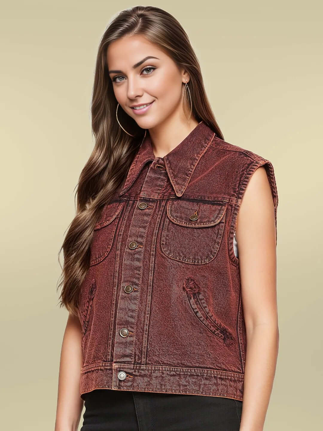 DENIM SLEEVELESS BROWN JACKET WITH FLAP POCKET - Antimony