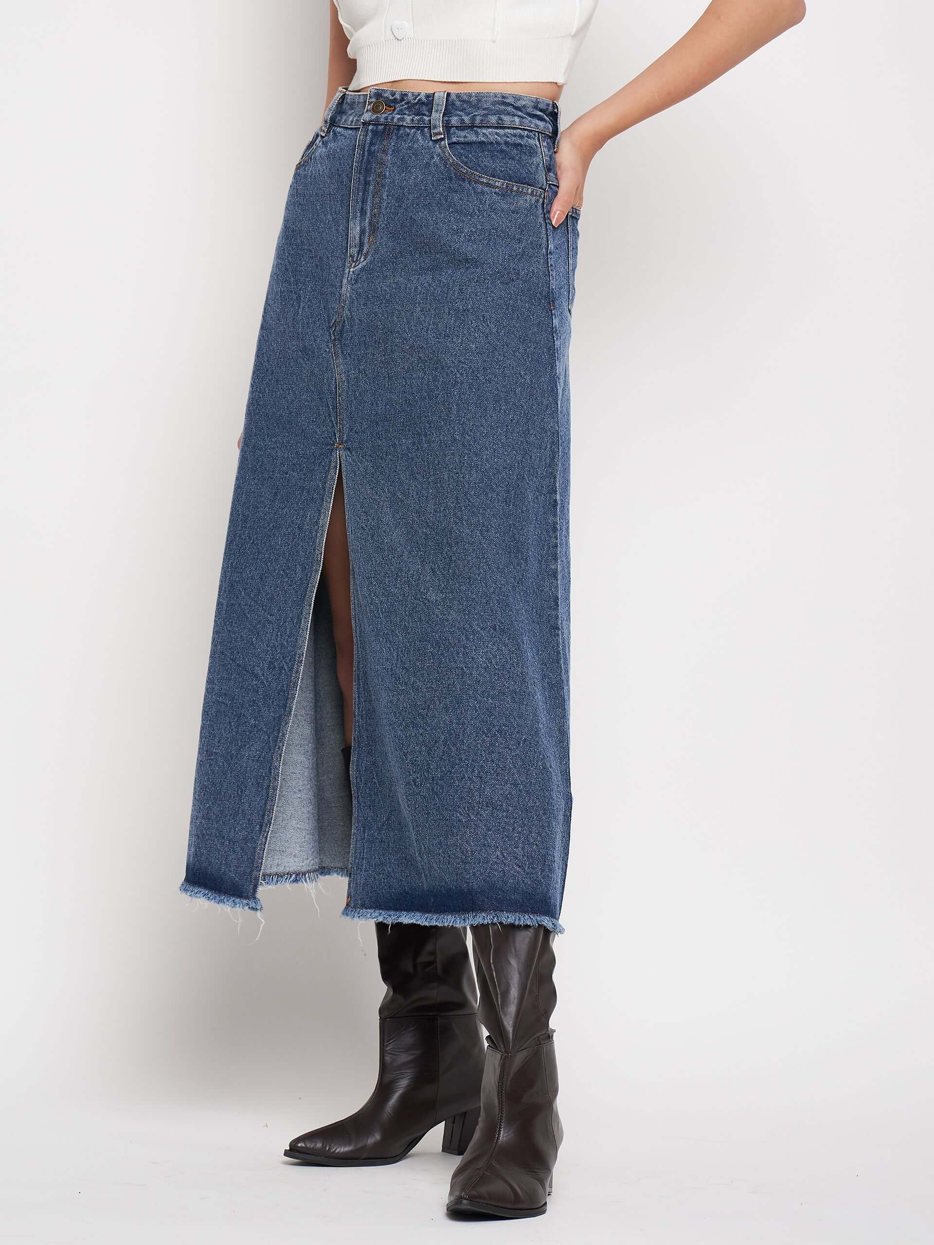 Denim Washed High Waist Split Skirt. - Antimony