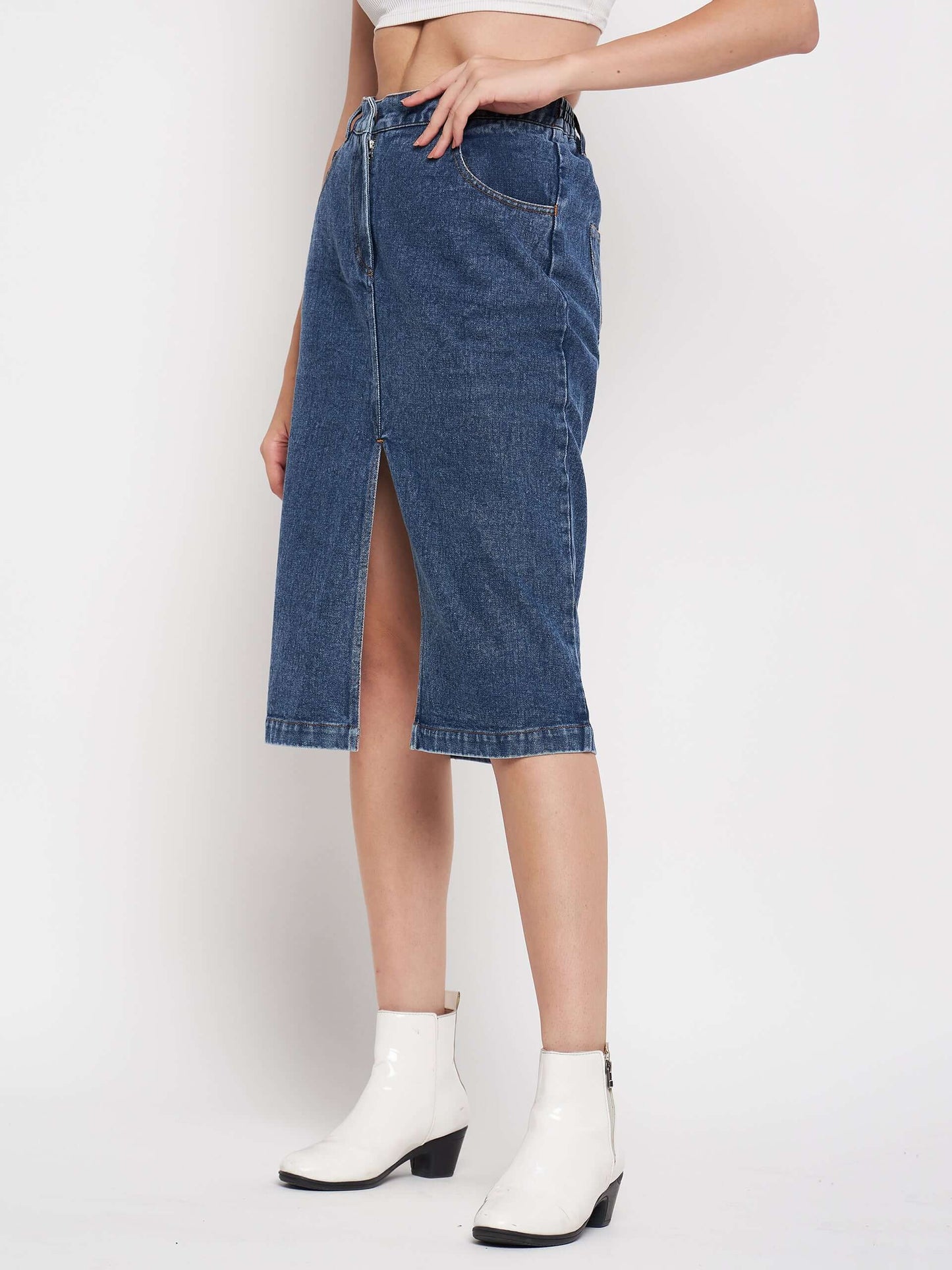 Denim Midi Skirt Front Slit - Antimony