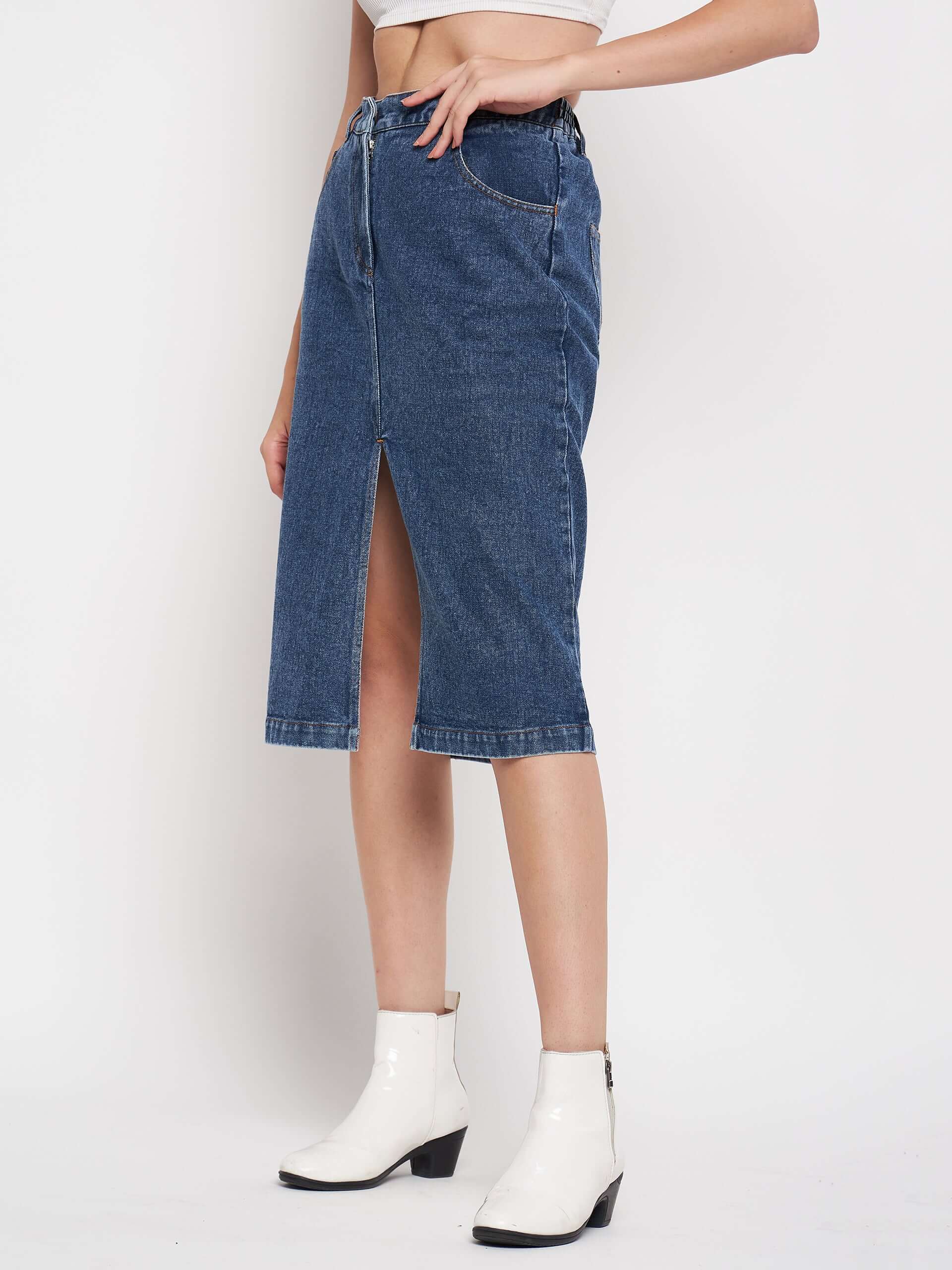 Denim Midi Skirt Front Slit - Antimony