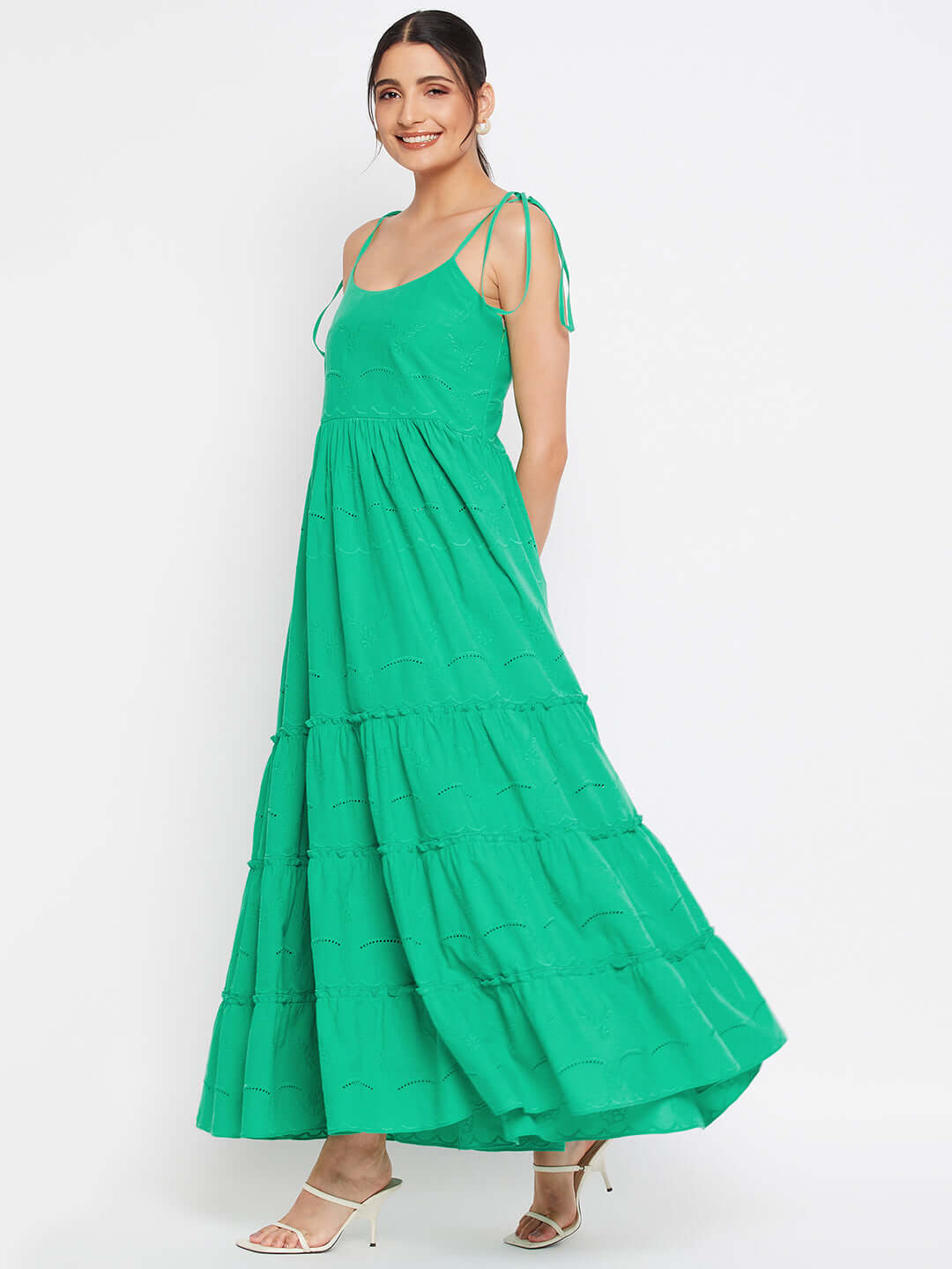Long Green Ruffled Tiered Strappy Dress - Antimony