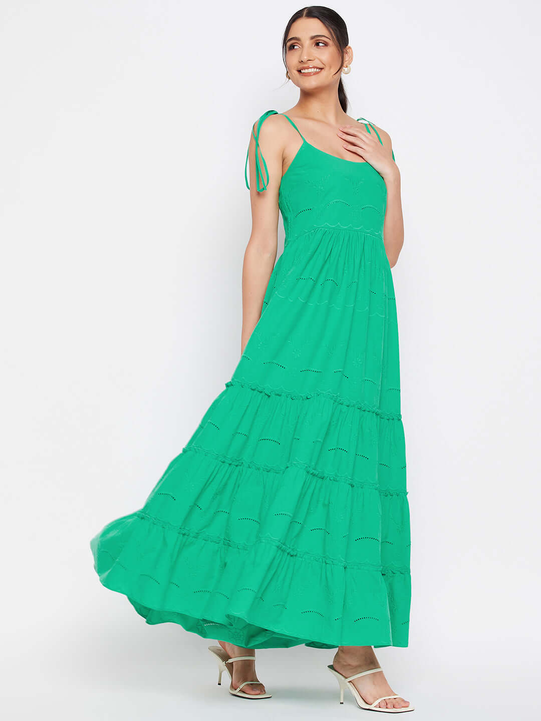 Long Green Ruffled Tiered Strappy Dress - Antimony