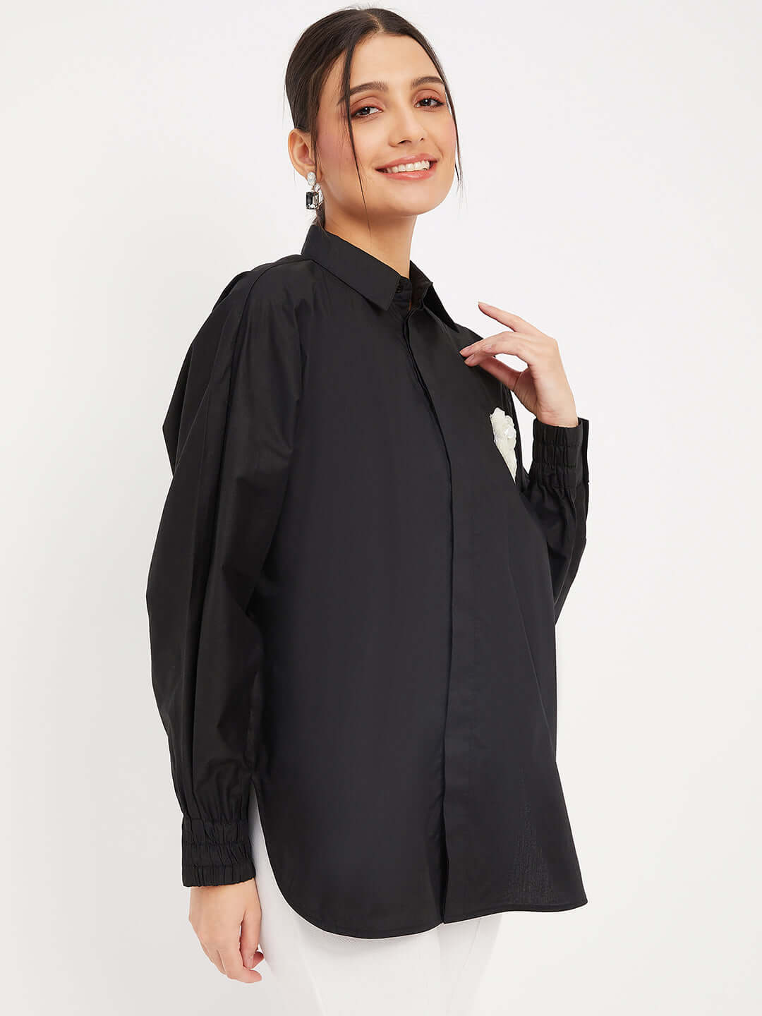 Cotton Solid Black Embroidery Shirt