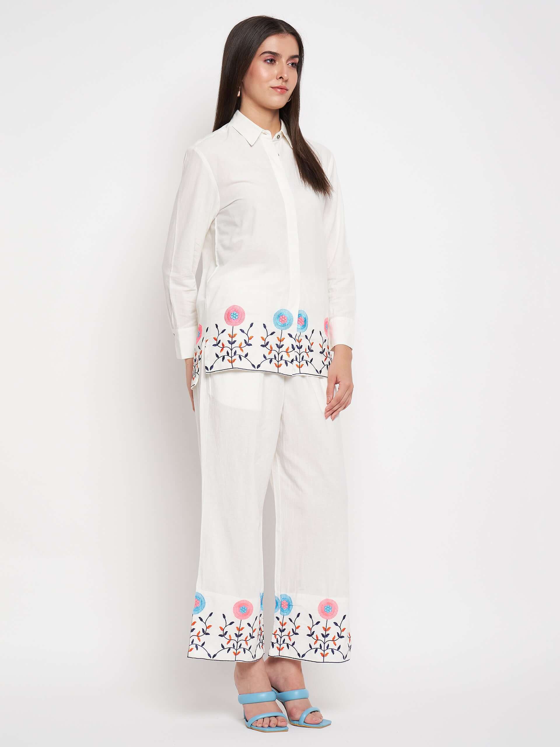 White Thread Embroidered Co-Ord set - Antimony