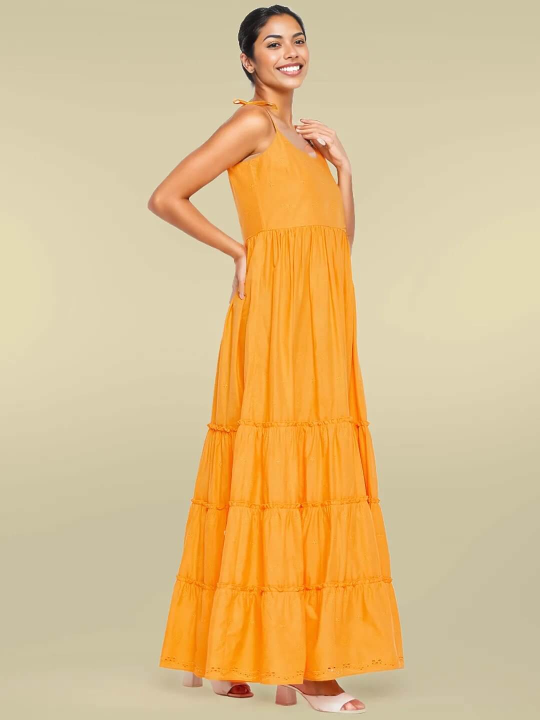 Long Orange Ruffled Tiered Strappy Dress - Antimony