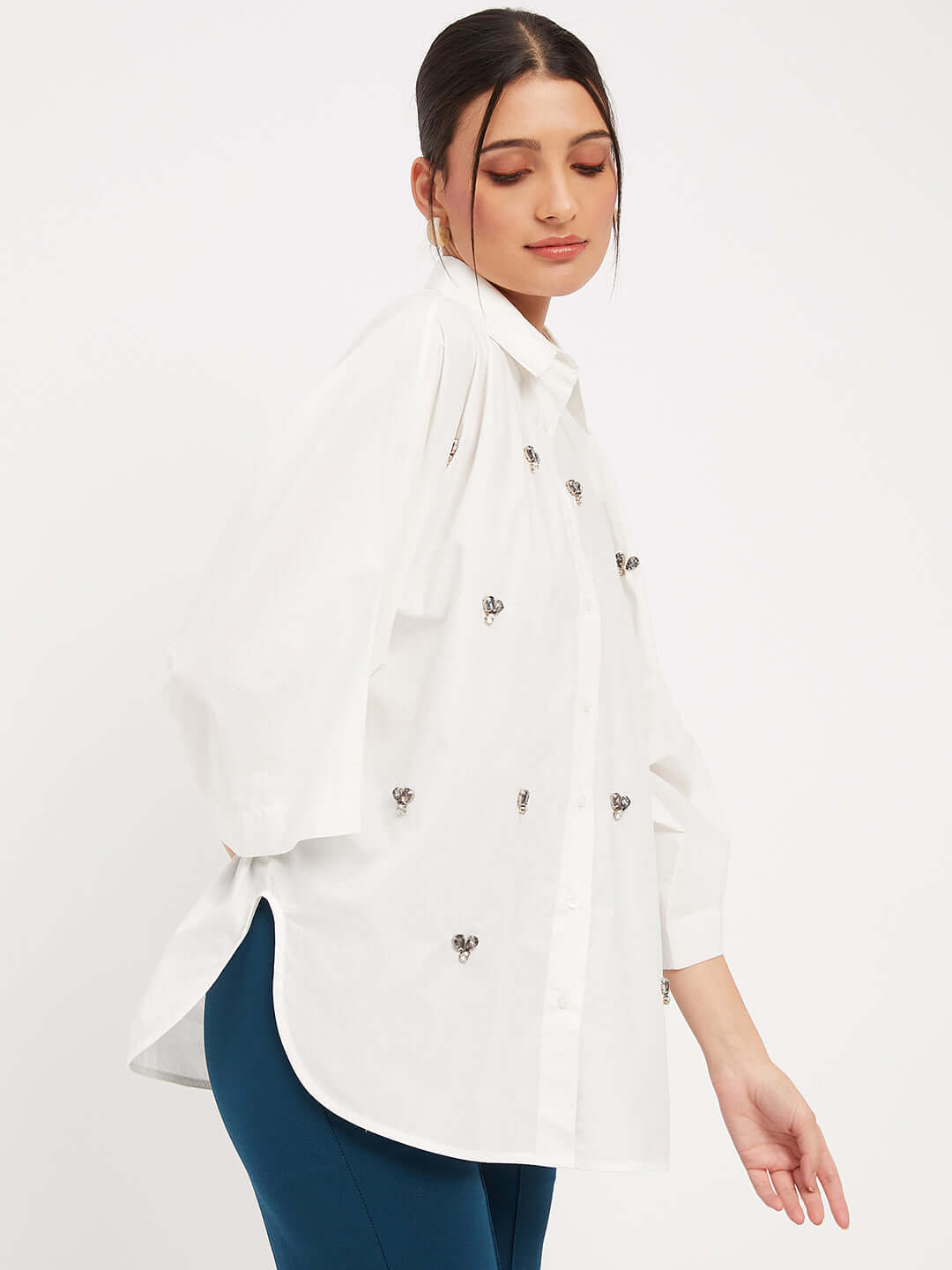 WHITE COTTON EMBELLISHED STUD SHIRT