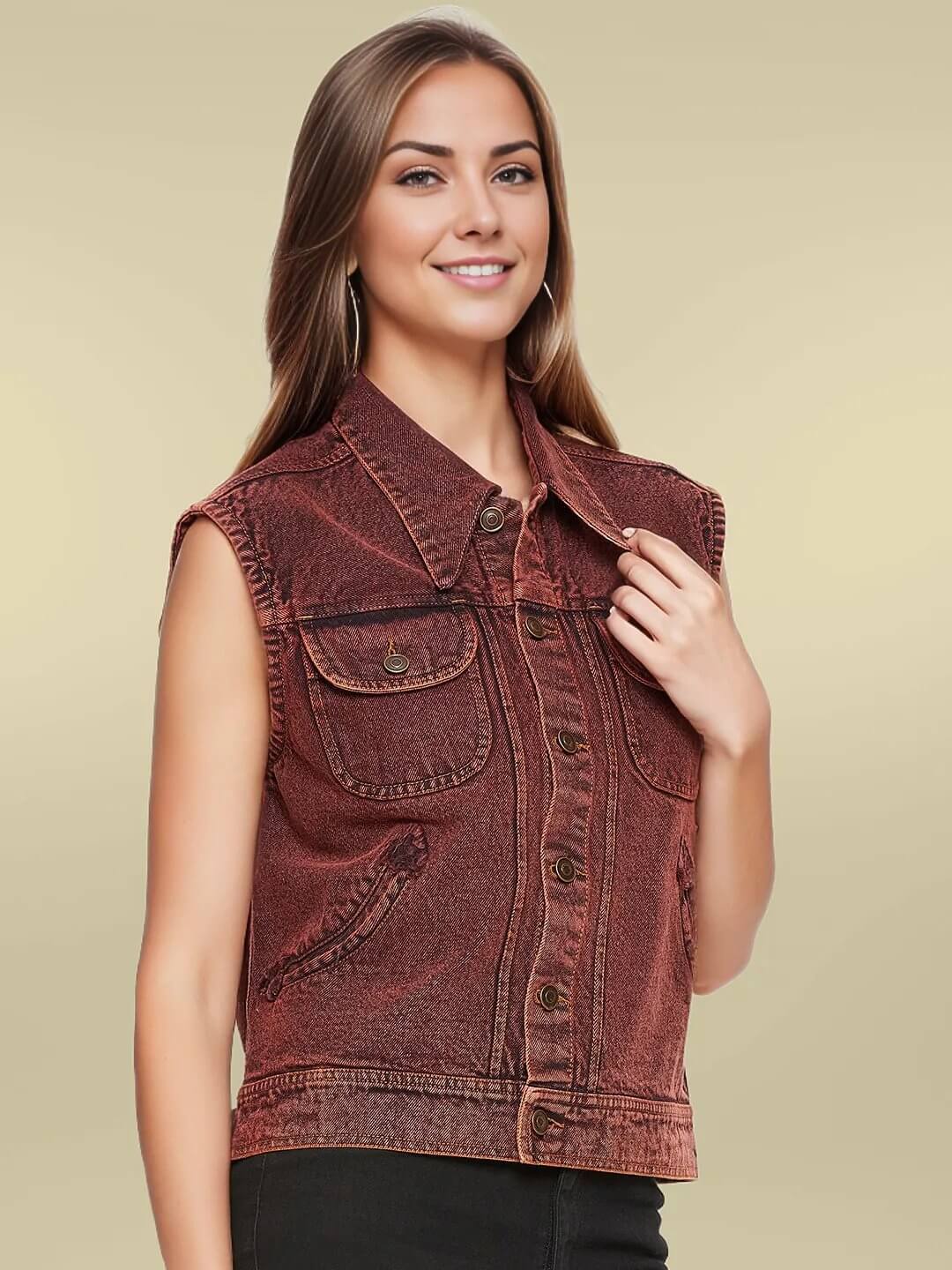 DENIM SLEEVELESS BROWN JACKET WITH FLAP POCKET - Antimony