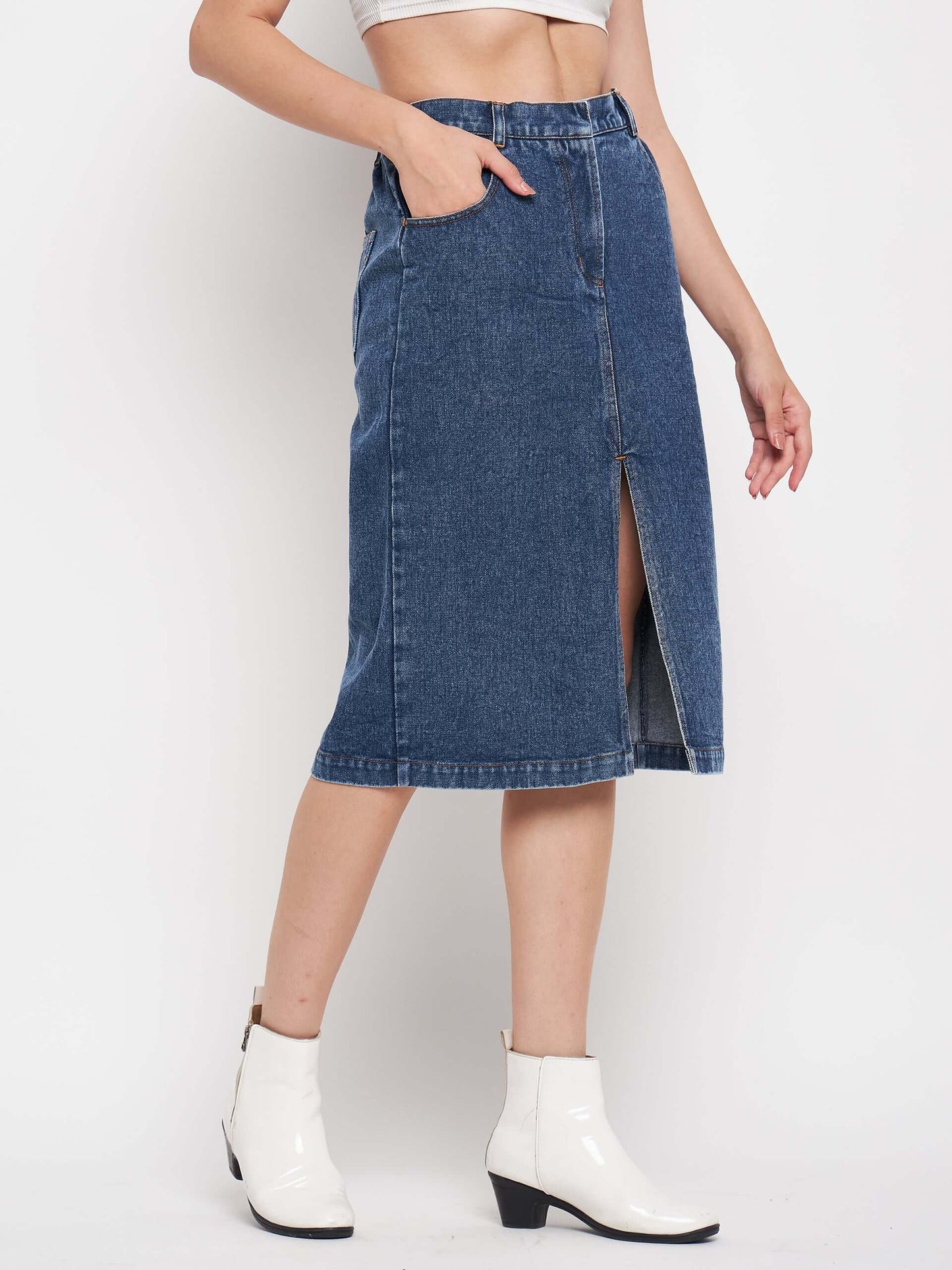 Denim Midi Skirt Front Slit - Antimony