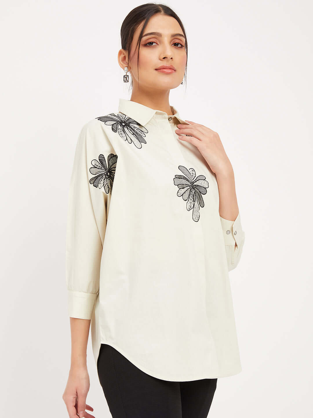 SOLID CREAM SHIRT WITH EMBROIDERY