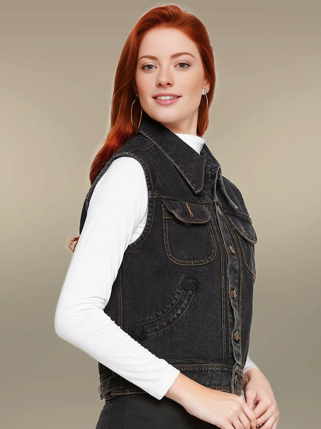 DENIM SLEEVELESS BLACK JACKET WITH FLAP POCKET - Antimony