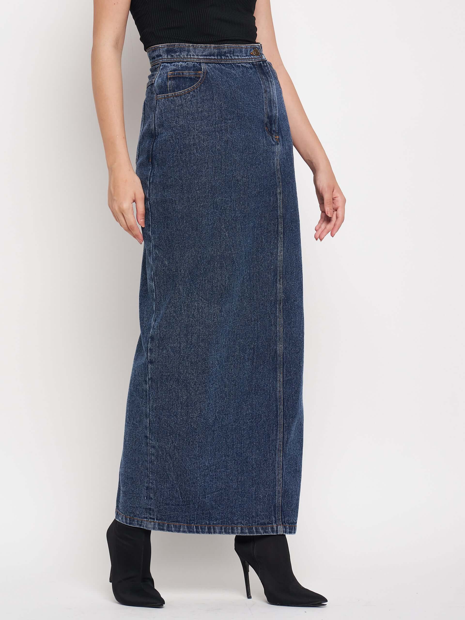 Denim Slit Slay in High Waist Long Split Denim Skirts.